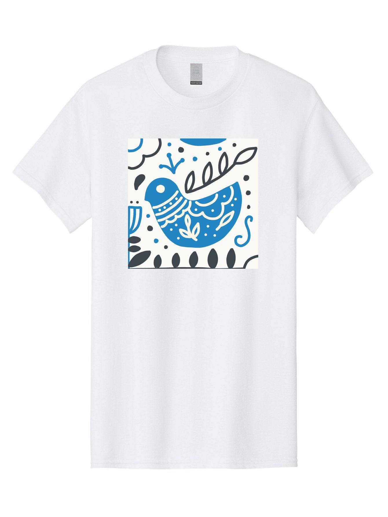 Bird-Illustration Men'S Graphic Tee, 100% Cotton, Comfortable Casual Summer Wear, Machine Washable, Blue Bird, White Patterns, Black Accents, Abstract Shapes, Doodle Art, Whimsical Design, Playful Patterns, Hand Drawn, Graphic Illustration, Aab662 14