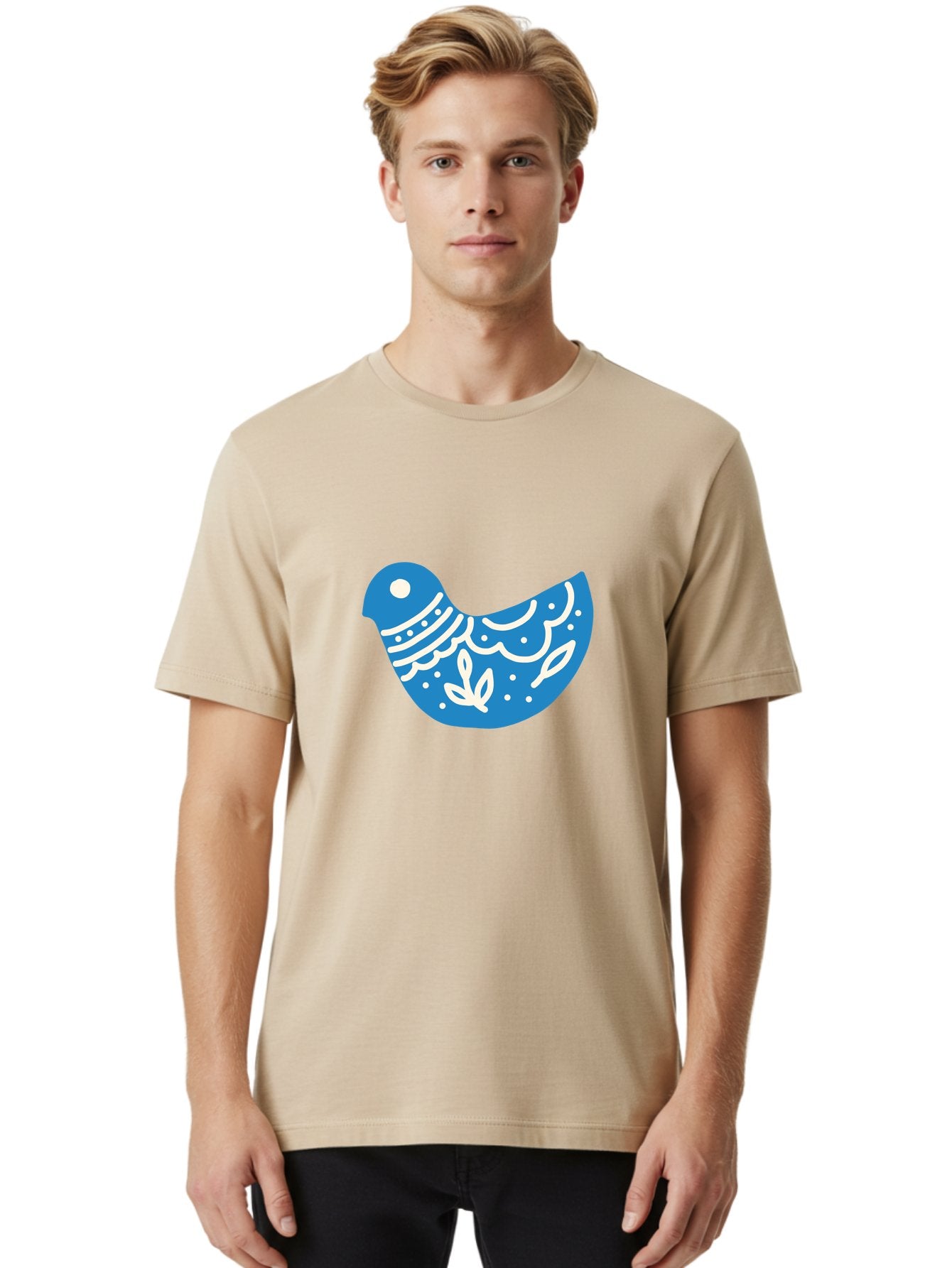 Bird-Logo Men'S Graphic Tee, 100% Cotton, Comfortable Casual Summer Wear, Machine Washable, Blue Bird, White Patterns, Abstract Design, Digital Art, Minimalist Illustration, Stylized Bird, Nature-Inspired, Creative Graphics Aab663 25