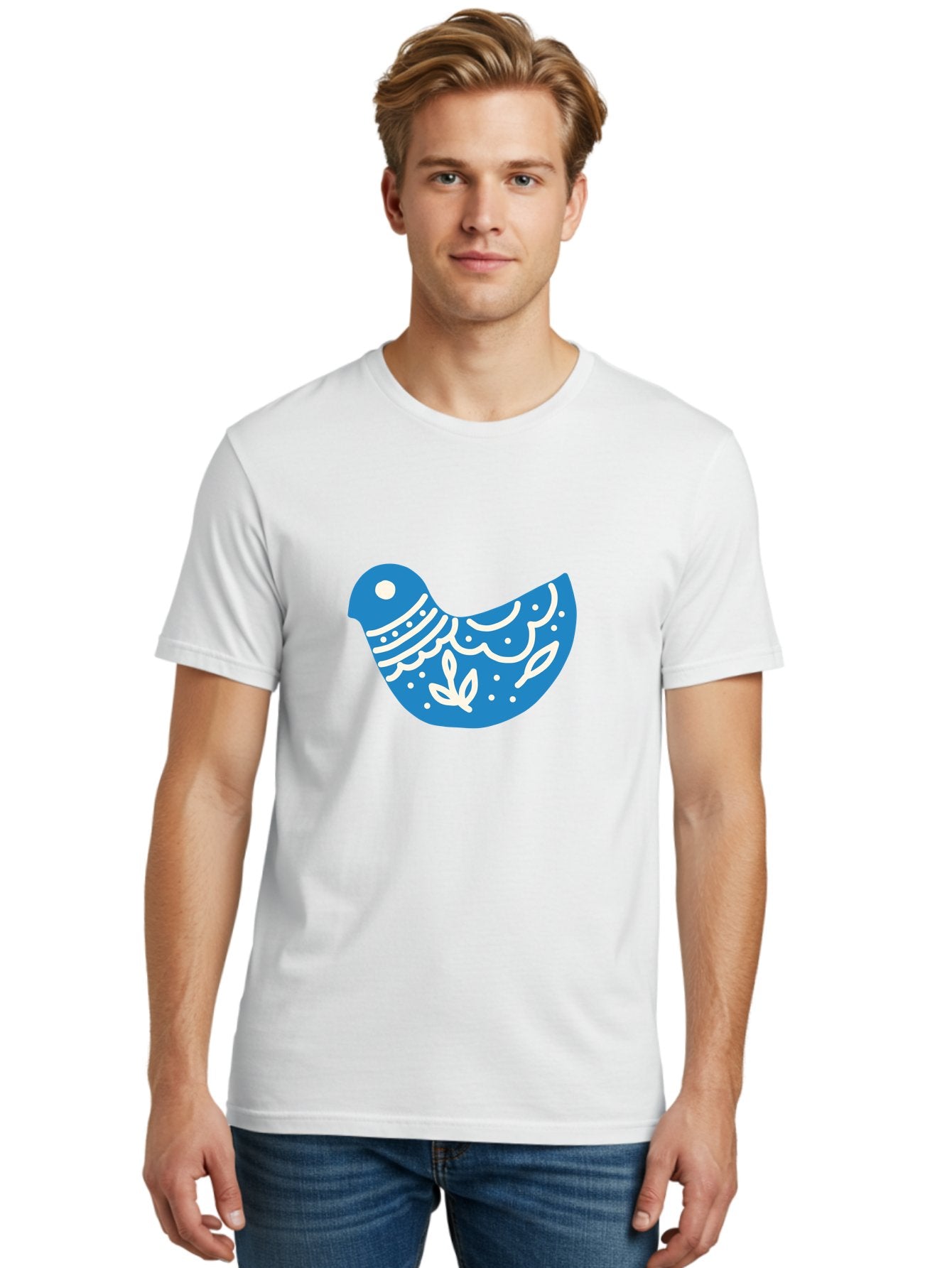 Bird-Logo Men'S Graphic Tee, 100% Cotton, Comfortable Casual Summer Wear, Machine Washable, Blue Bird, White Patterns, Abstract Design, Digital Art, Minimalist Illustration, Stylized Bird, Nature-Inspired, Creative Graphics Aab663 30