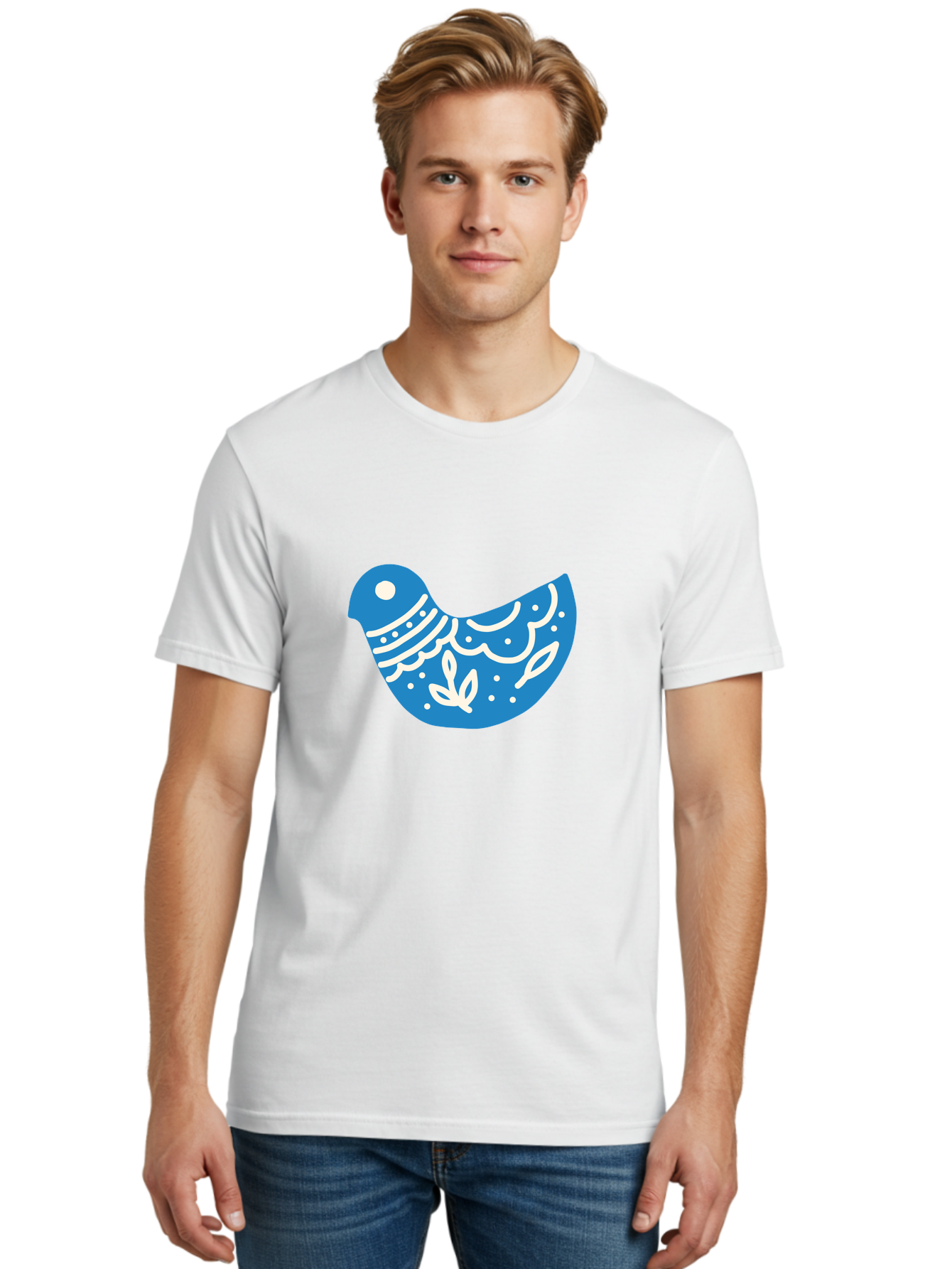 Bird-Logo Men'S Graphic Tee, 100% Cotton, Comfortable Casual Summer Wear, Machine Washable, Blue Bird, White Patterns, Abstract Design, Digital Art, Minimalist Illustration, Stylized Bird, Nature-Inspired, Creative Graphics Aab663