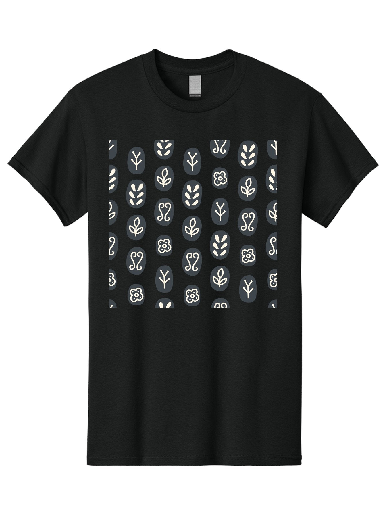 Black-Ovals-With-White-Leaves Men'S Graphic Tee, 100% Cotton, Comfortable Casual Summer Wear, Machine Washable, Repeating Pattern, Gray Ovals, White Floral Designs, Botanical Motifs, Abstract Shapes, Graphic Design Elements, Minimalist Art, Aab664 11