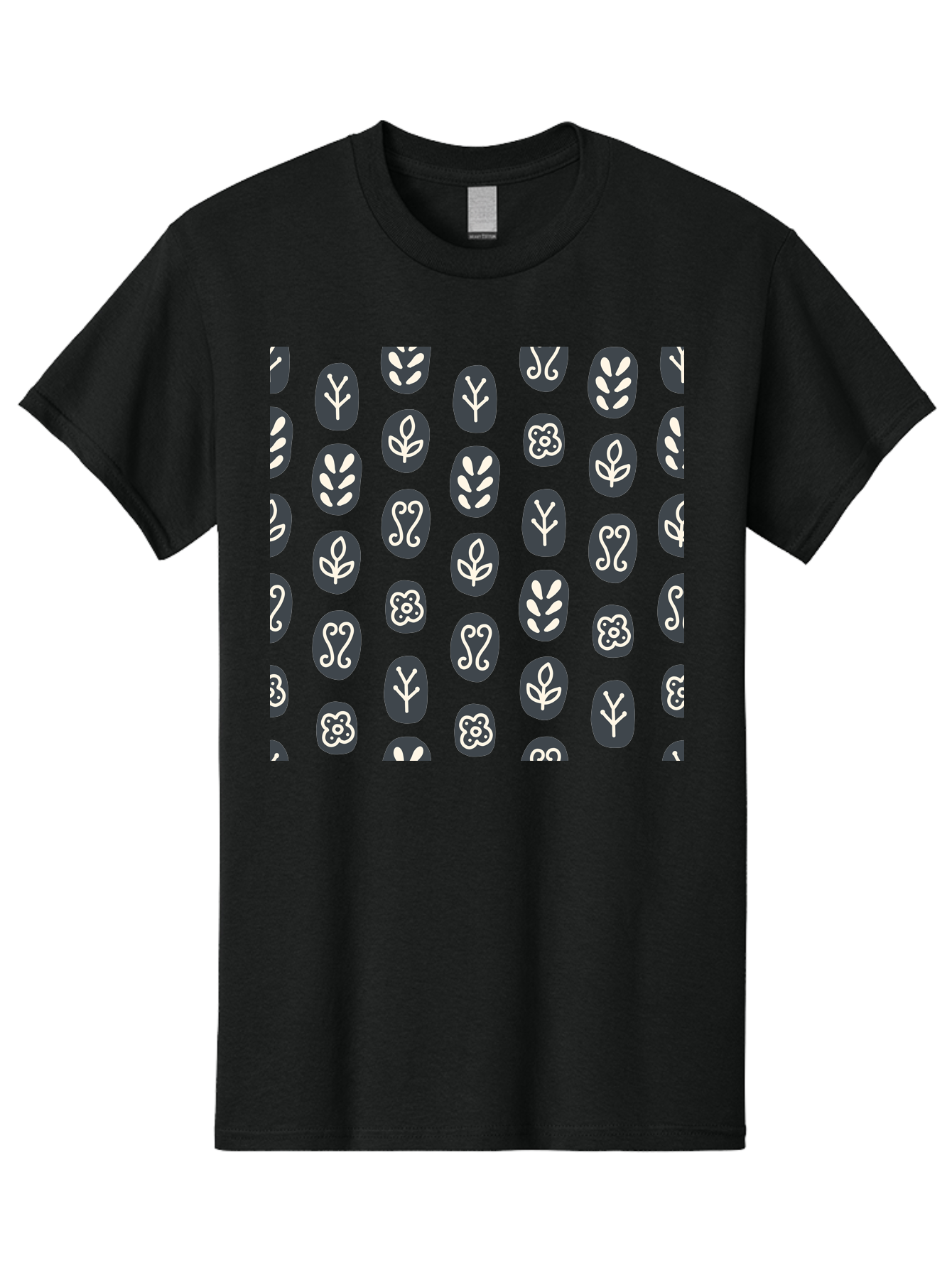 Black-Ovals-With-White-Leaves Men'S Graphic Tee, 100% Cotton, Comfortable Casual Summer Wear, Machine Washable, Repeating Pattern, Gray Ovals, White Floral Designs, Botanical Motifs, Abstract Shapes, Graphic Design Elements, Minimalist Art, Aab664 7