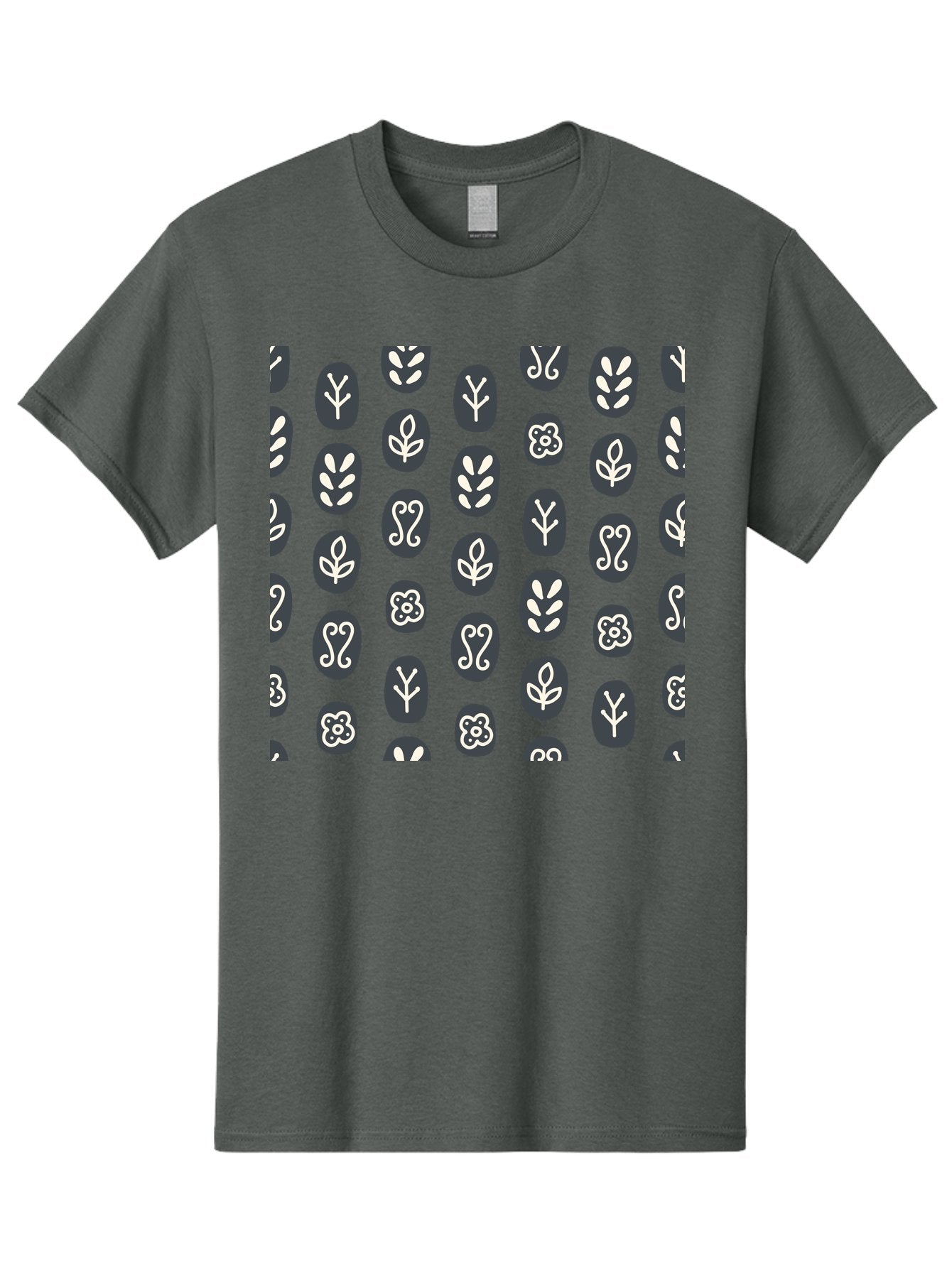 Black-Ovals-With-White-Leaves Men'S Graphic Tee, 100% Cotton, Comfortable Casual Summer Wear, Machine Washable, Repeating Pattern, Gray Ovals, White Floral Designs, Botanical Motifs, Abstract Shapes, Graphic Design Elements, Minimalist Art, Aab664 10
