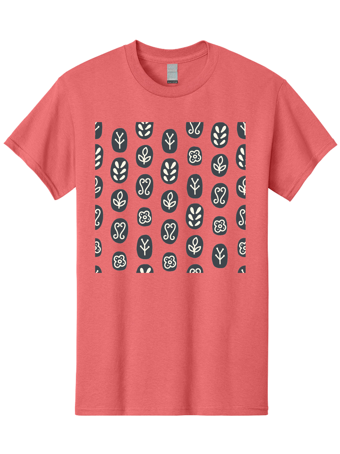 Black-Ovals-With-White-Leaves Men'S Graphic Tee, 100% Cotton, Comfortable Casual Summer Wear, Machine Washable, Repeating Pattern, Gray Ovals, White Floral Designs, Botanical Motifs, Abstract Shapes, Graphic Design Elements, Minimalist Art, Aab664 15