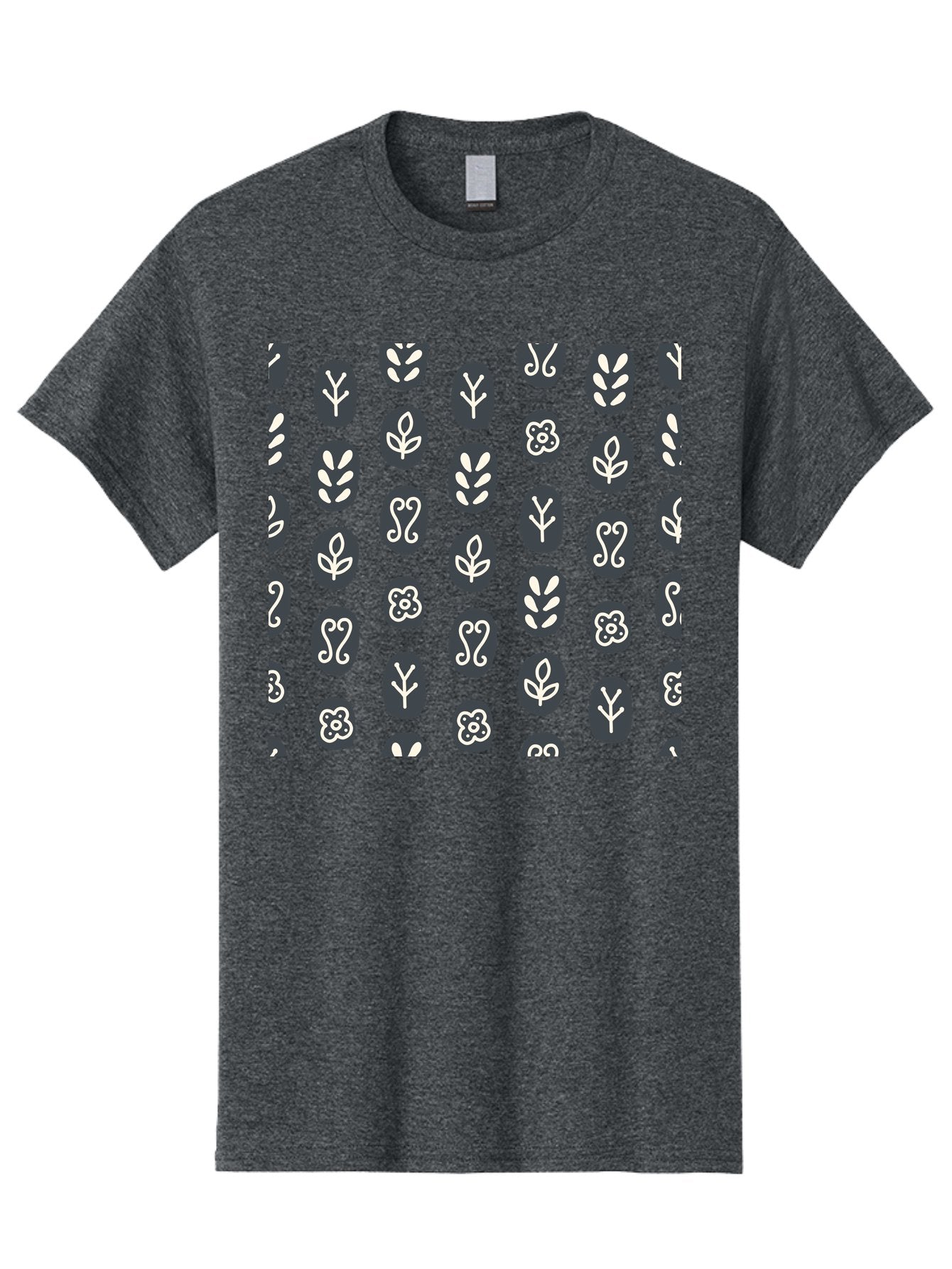 Black-Ovals-With-White-Leaves Men'S Graphic Tee, 100% Cotton, Comfortable Casual Summer Wear, Machine Washable, Repeating Pattern, Gray Ovals, White Floral Designs, Botanical Motifs, Abstract Shapes, Graphic Design Elements, Minimalist Art, Aab664 13