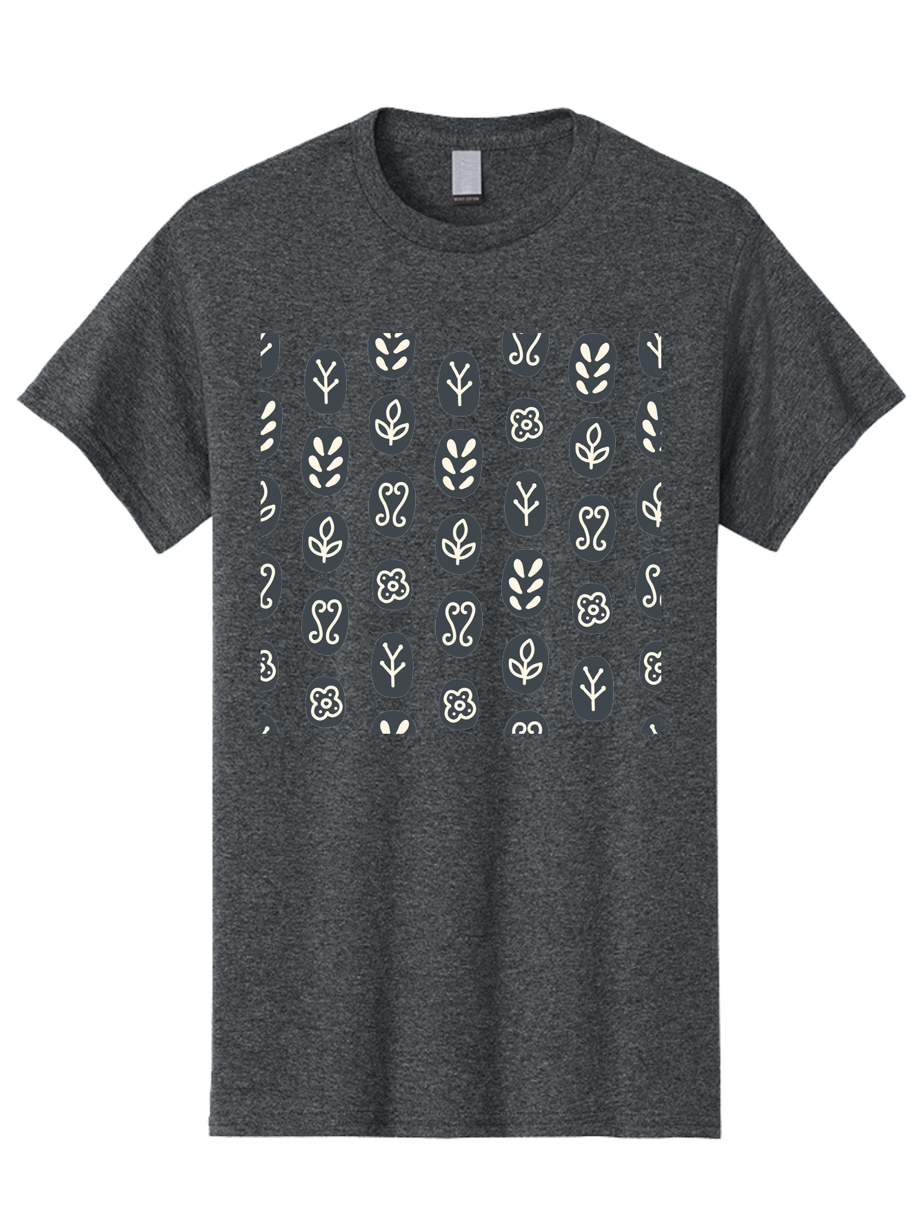 Black-Ovals-With-White-Leaves Men'S Graphic Tee, 100% Cotton, Comfortable Casual Summer Wear, Machine Washable, Repeating Pattern, Gray Ovals, White Floral Designs, Botanical Motifs, Abstract Shapes, Graphic Design Elements, Minimalist Art, Aab664 29