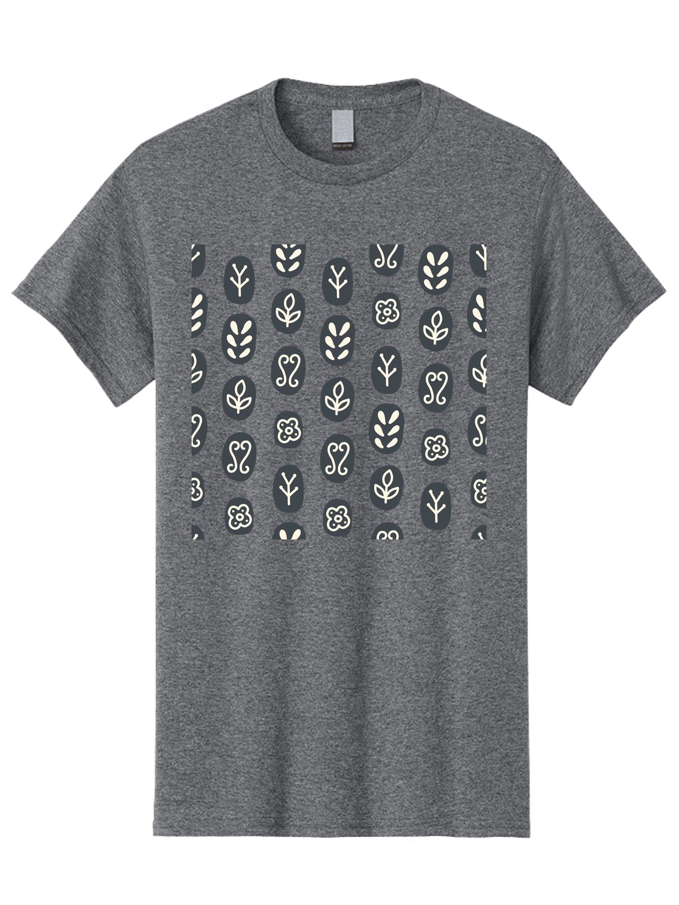Black-Ovals-With-White-Leaves Men'S Graphic Tee, 100% Cotton, Comfortable Casual Summer Wear, Machine Washable, Repeating Pattern, Gray Ovals, White Floral Designs, Botanical Motifs, Abstract Shapes, Graphic Design Elements, Minimalist Art, Aab664 4