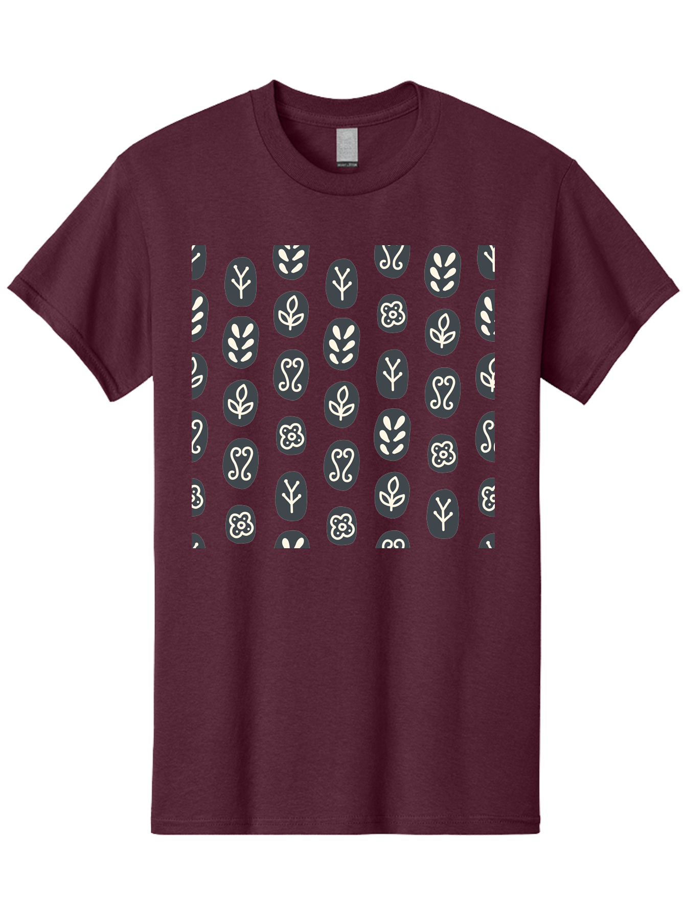 Black-Ovals-With-White-Leaves Men'S Graphic Tee, 100% Cotton, Comfortable Casual Summer Wear, Machine Washable, Repeating Pattern, Gray Ovals, White Floral Designs, Botanical Motifs, Abstract Shapes, Graphic Design Elements, Minimalist Art, Aab664 13