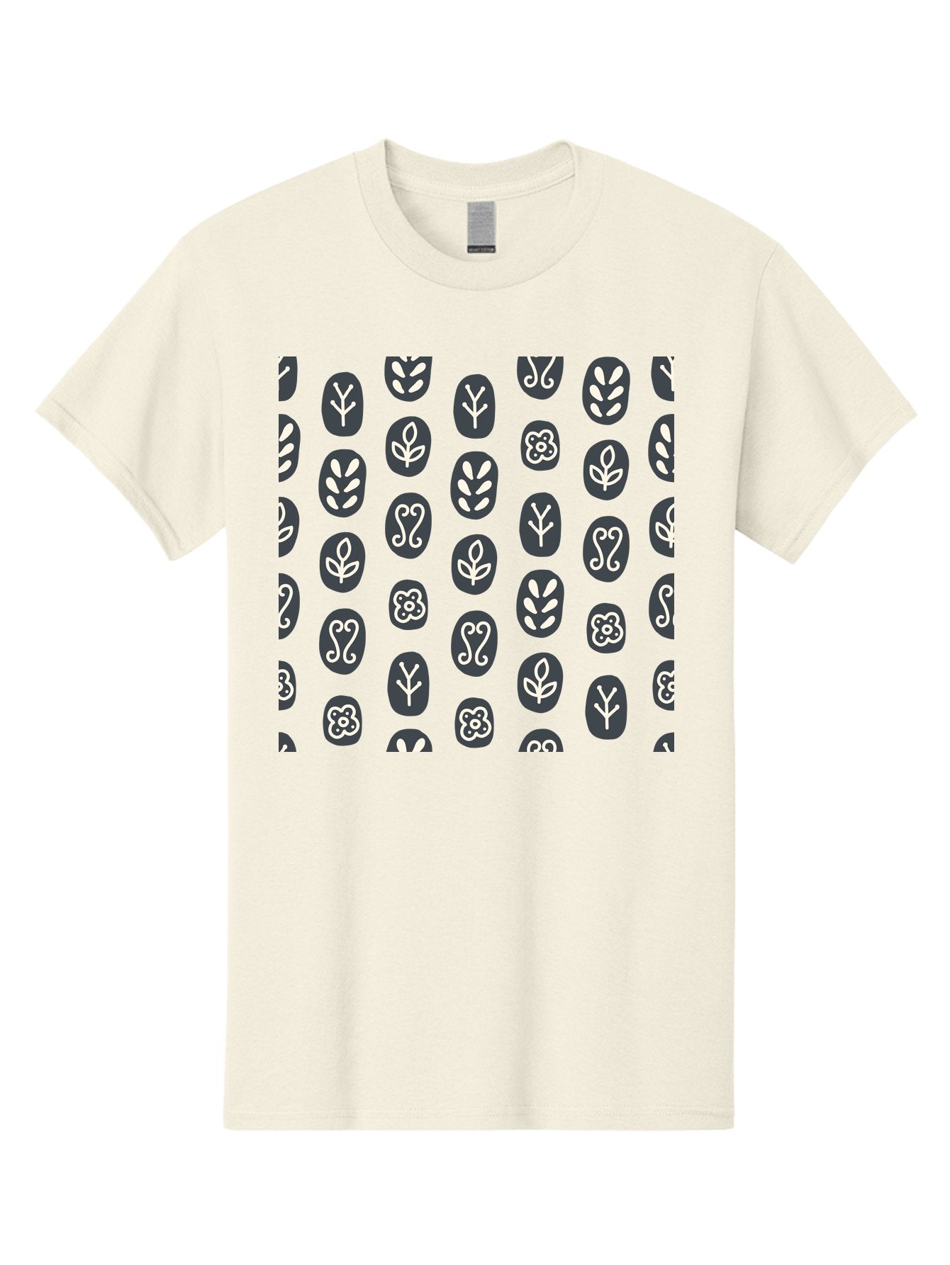 Black-Ovals-With-White-Leaves Men'S Graphic Tee, 100% Cotton, Comfortable Casual Summer Wear, Machine Washable, Repeating Pattern, Gray Ovals, White Floral Designs, Botanical Motifs, Abstract Shapes, Graphic Design Elements, Minimalist Art, Aab664 14