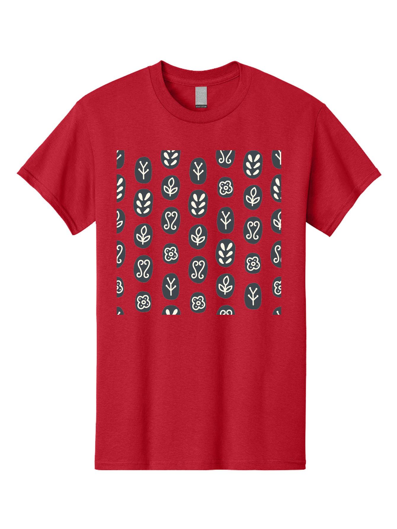 Black-Ovals-With-White-Leaves Men'S Graphic Tee, 100% Cotton, Comfortable Casual Summer Wear, Machine Washable, Repeating Pattern, Gray Ovals, White Floral Designs, Botanical Motifs, Abstract Shapes, Graphic Design Elements, Minimalist Art, Aab664 21