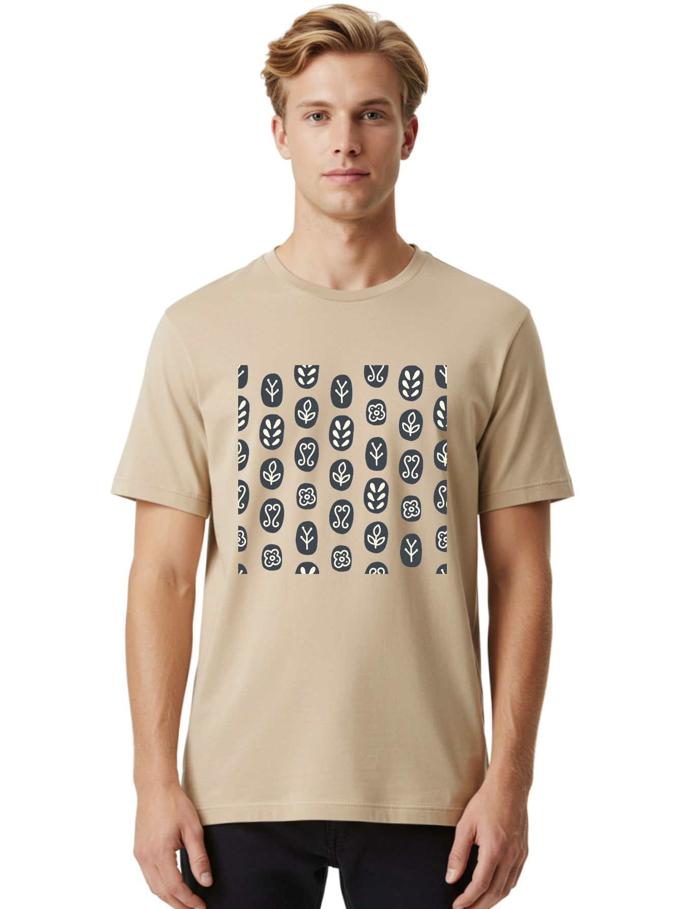 Black-Ovals-With-White-Leaves Men'S Graphic Tee, 100% Cotton, Comfortable Casual Summer Wear, Machine Washable, Repeating Pattern, Gray Ovals, White Floral Designs, Botanical Motifs, Abstract Shapes, Graphic Design Elements, Minimalist Art, Aab664 12