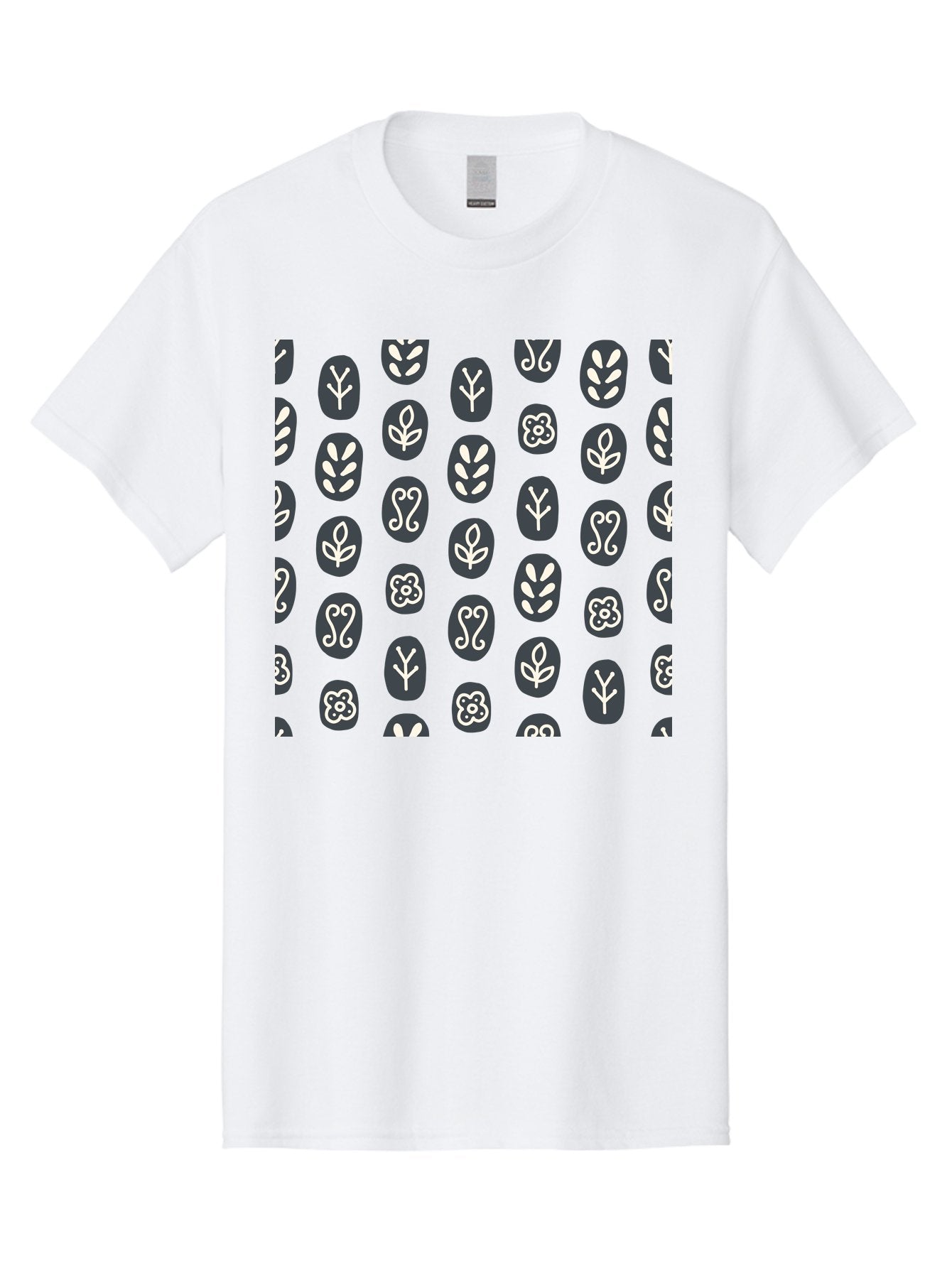 Black-Ovals-With-White-Leaves Men'S Graphic Tee, 100% Cotton, Comfortable Casual Summer Wear, Machine Washable, Repeating Pattern, Gray Ovals, White Floral Designs, Botanical Motifs, Abstract Shapes, Graphic Design Elements, Minimalist Art, Aab664 7