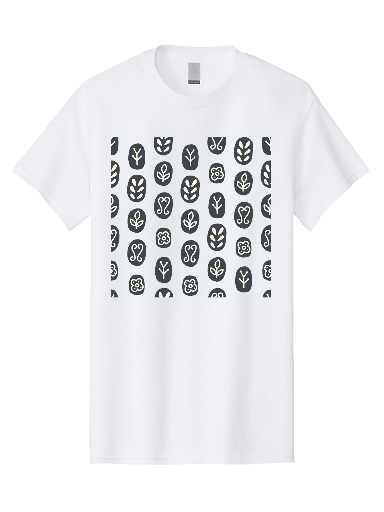 Black-Ovals-With-White-Leaves Men'S Graphic Tee, 100% Cotton, Comfortable Casual Summer Wear, Machine Washable, Repeating Pattern, Gray Ovals, White Floral Designs, Botanical Motifs, Abstract Shapes, Graphic Design Elements, Minimalist Art, Aab664 25
