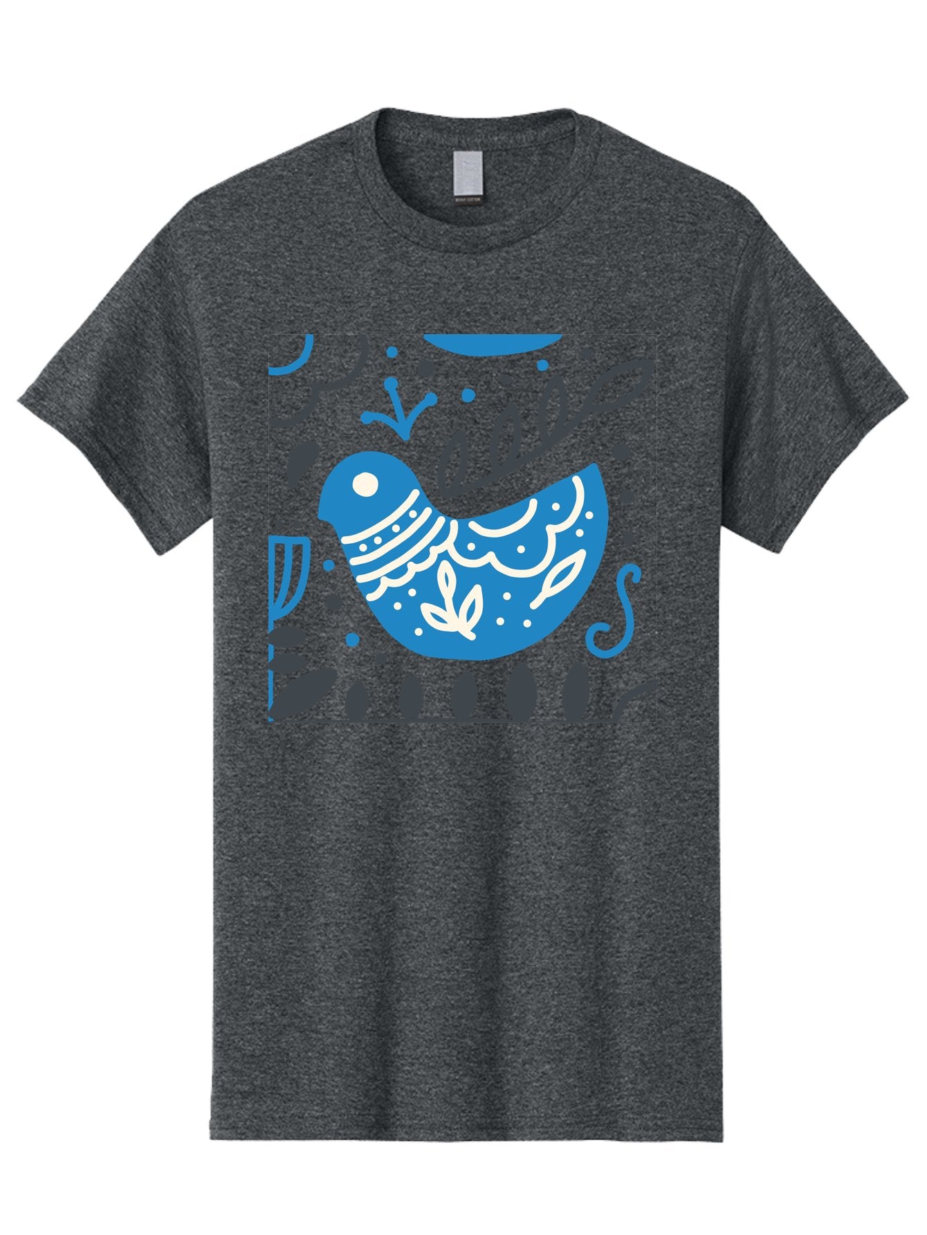 Blue-Bird Men'S Graphic Tee, 100% Cotton, Comfortable Casual Summer Wear, Machine Washable, Blue Bird, Floral Patterns, Whimsical Design, Abstract Shapes, Leaves, Dots, Artistic Expression, Creative Illustration, Modern Art, Bird Silhouette Aab665