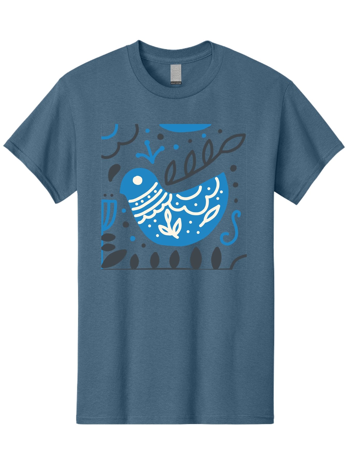 Blue-Bird Men'S Graphic Tee, 100% Cotton, Comfortable Casual Summer Wear, Machine Washable, Blue Bird, Floral Patterns, Whimsical Design, Abstract Shapes, Leaves, Dots, Artistic Expression, Creative Illustration, Modern Art, Bird Silhouette Aab665 6