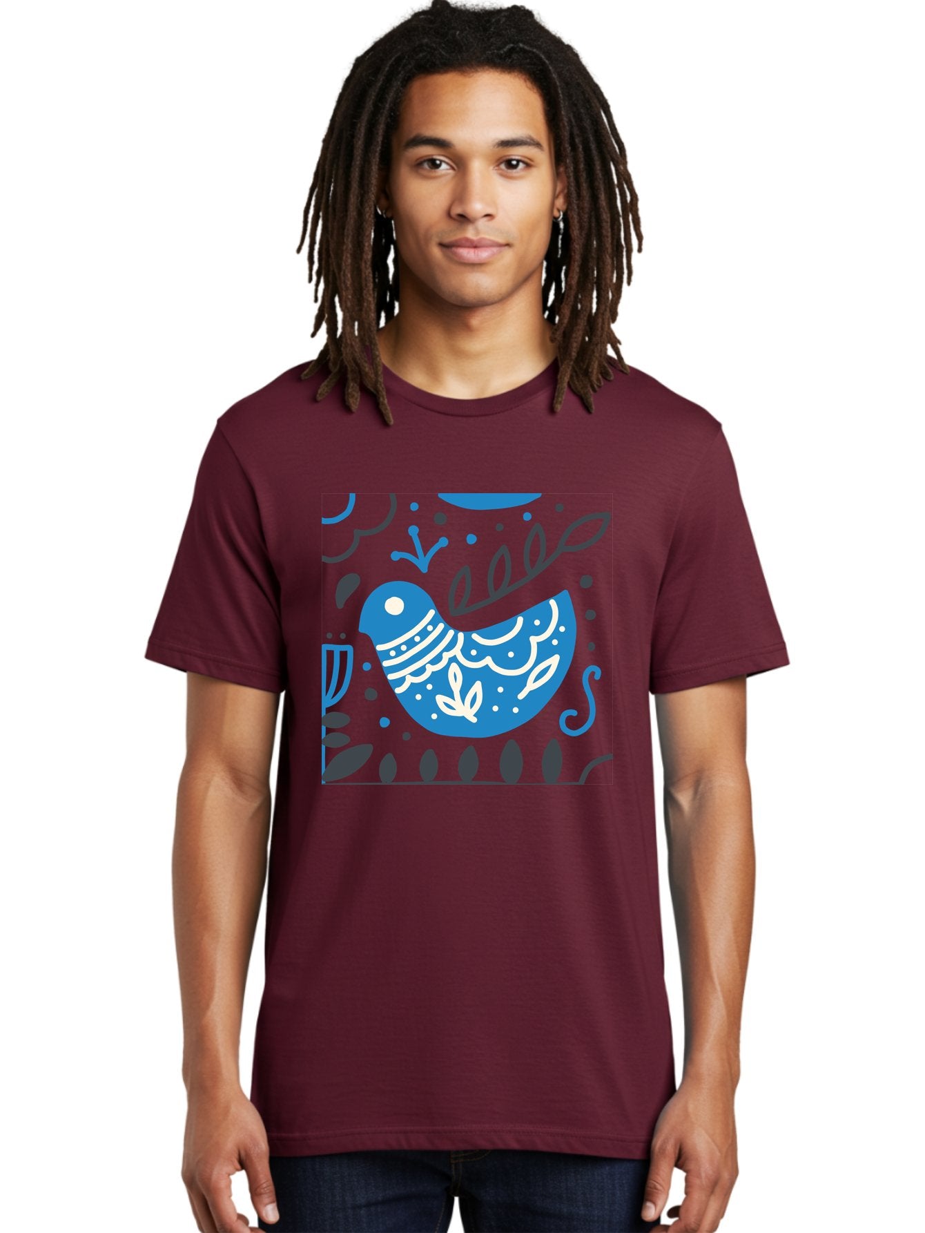 Blue-Bird Men'S Graphic Tee, 100% Cotton, Comfortable Casual Summer Wear, Machine Washable, Blue Bird, Floral Patterns, Whimsical Design, Abstract Shapes, Leaves, Dots, Artistic Expression, Creative Illustration, Modern Art, Bird Silhouette Aab665 22