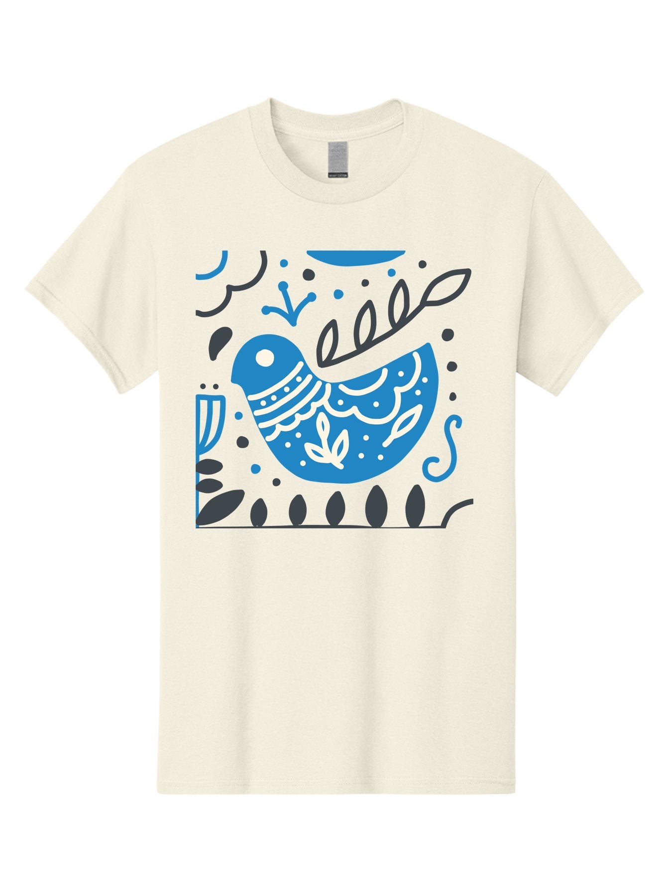 Blue-Bird Men'S Graphic Tee, 100% Cotton, Comfortable Casual Summer Wear, Machine Washable, Blue Bird, Floral Patterns, Whimsical Design, Abstract Shapes, Leaves, Dots, Artistic Expression, Creative Illustration, Modern Art, Bird Silhouette Aab665 7
