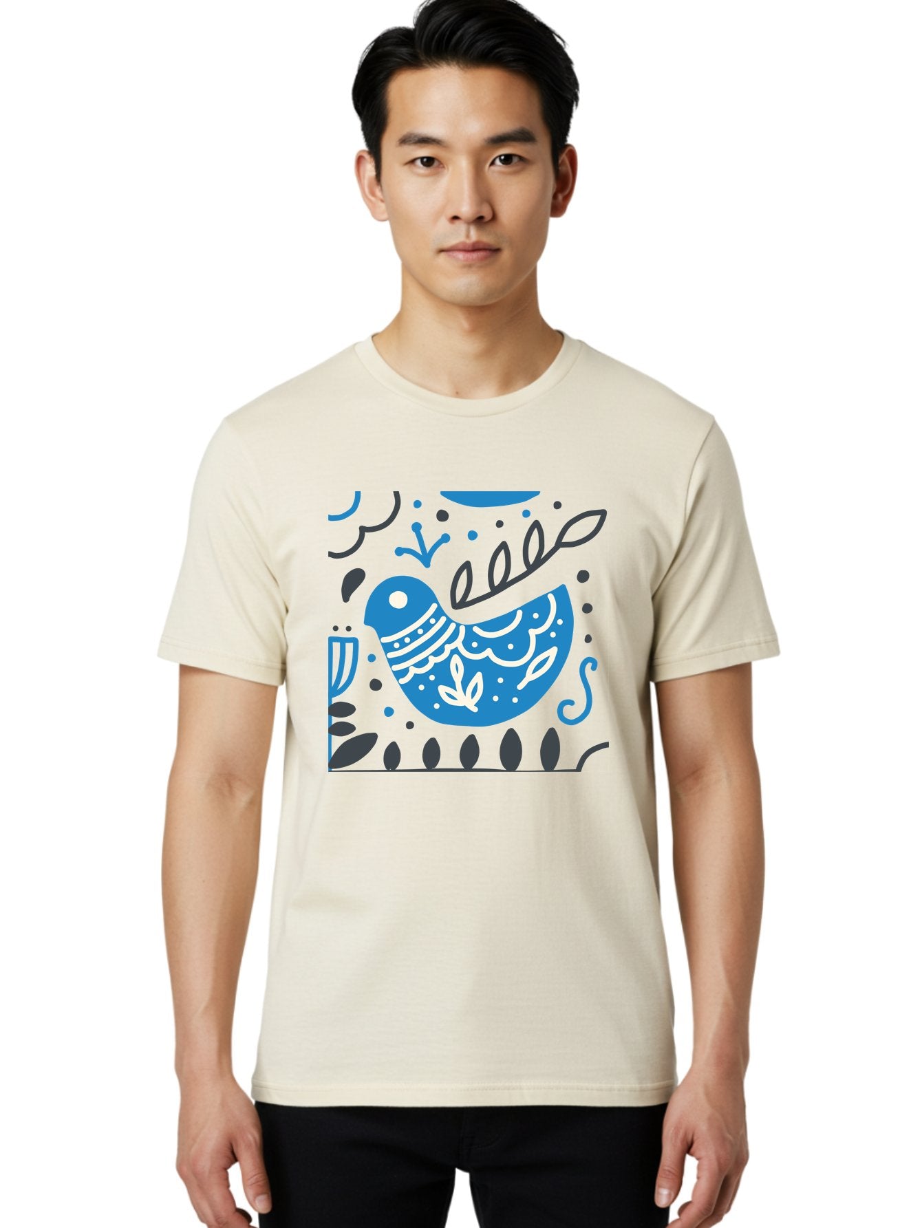 Blue-Bird Men'S Graphic Tee, 100% Cotton, Comfortable Casual Summer Wear, Machine Washable, Blue Bird, Floral Patterns, Whimsical Design, Abstract Shapes, Leaves, Dots, Artistic Expression, Creative Illustration, Modern Art, Bird Silhouette Aab665 16