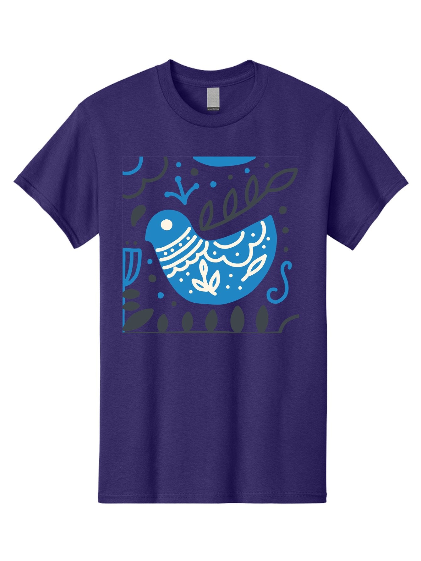 Blue-Bird Men'S Graphic Tee, 100% Cotton, Comfortable Casual Summer Wear, Machine Washable, Blue Bird, Floral Patterns, Whimsical Design, Abstract Shapes, Leaves, Dots, Artistic Expression, Creative Illustration, Modern Art, Bird Silhouette Aab665 15