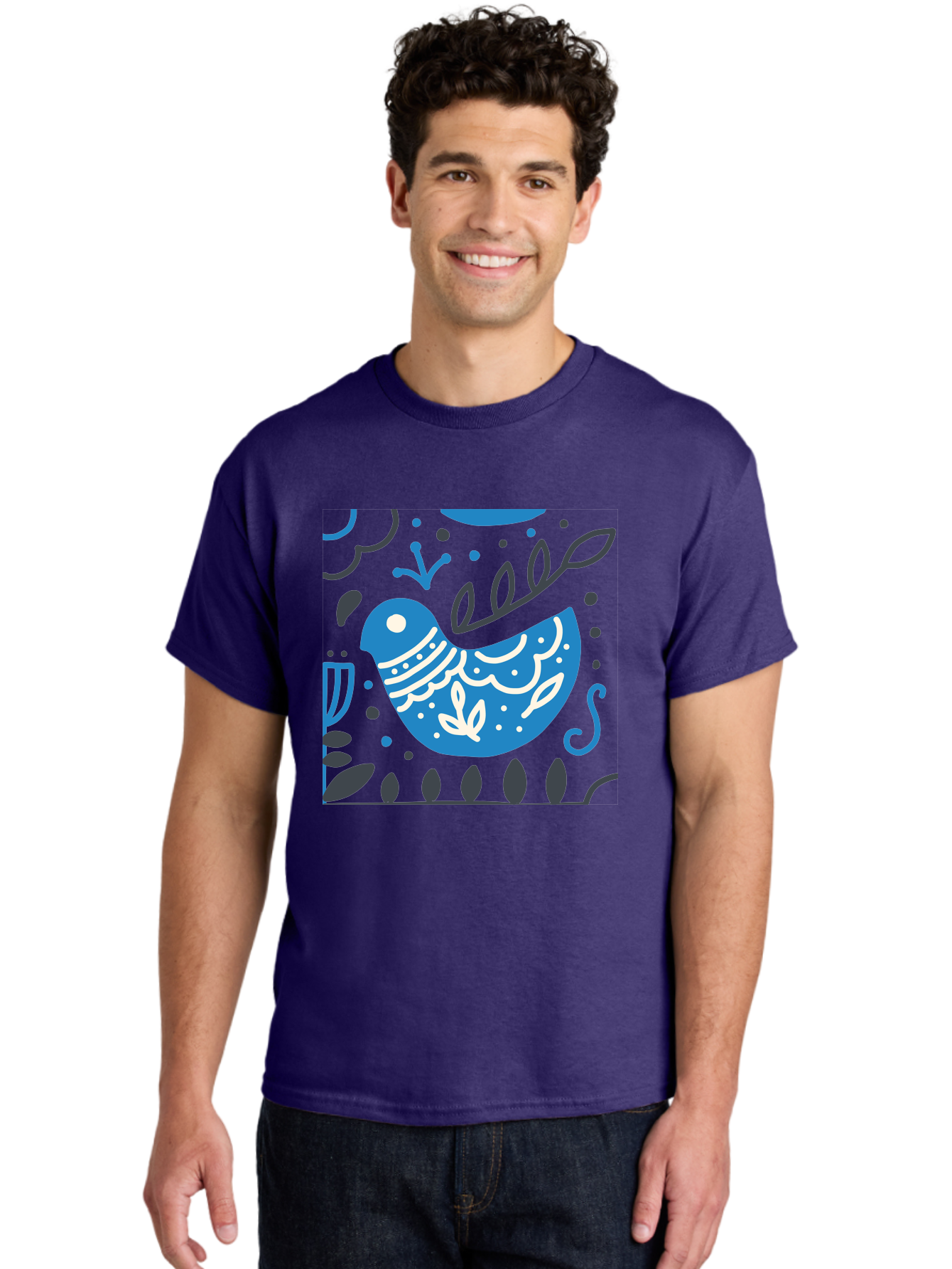 Blue-Bird Men'S Graphic Tee, 100% Cotton, Comfortable Casual Summer Wear, Machine Washable, Blue Bird, Floral Patterns, Whimsical Design, Abstract Shapes, Leaves, Dots, Artistic Expression, Creative Illustration, Modern Art, Bird Silhouette Aab665