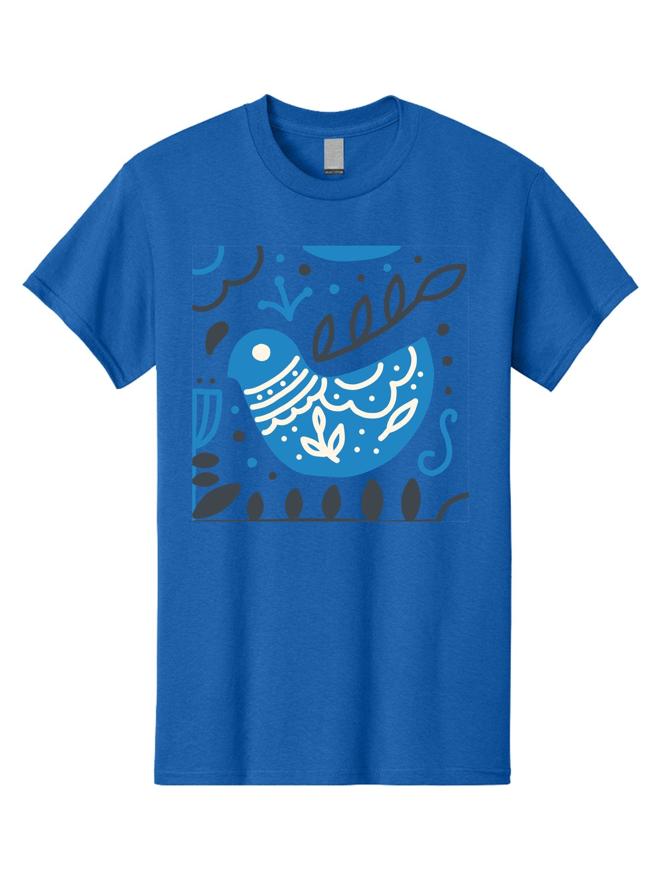 Blue-Bird Men'S Graphic Tee, 100% Cotton, Comfortable Casual Summer Wear, Machine Washable, Blue Bird, Floral Patterns, Whimsical Design, Abstract Shapes, Leaves, Dots, Artistic Expression, Creative Illustration, Modern Art, Bird Silhouette Aab665 11