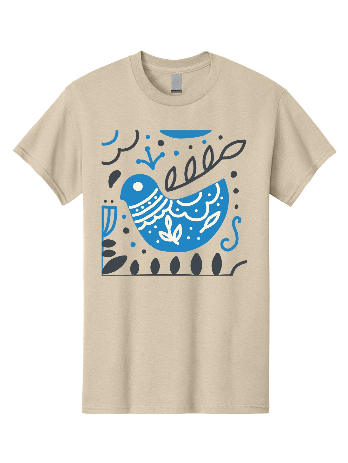 Blue-Bird Men'S Graphic Tee, 100% Cotton, Comfortable Casual Summer Wear, Machine Washable, Blue Bird, Floral Patterns, Whimsical Design, Abstract Shapes, Leaves, Dots, Artistic Expression, Creative Illustration, Modern Art, Bird Silhouette Aab665 5