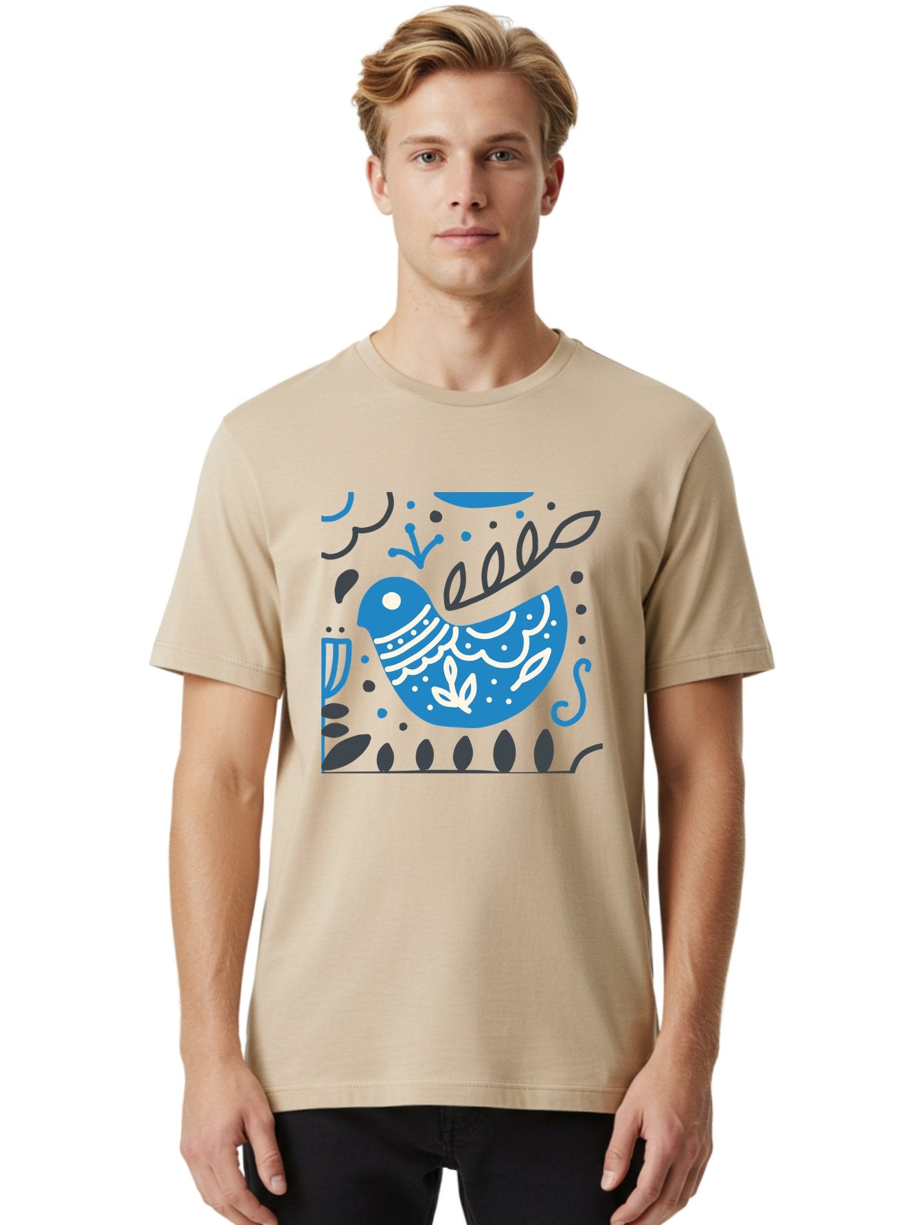 Blue-Bird Men'S Graphic Tee, 100% Cotton, Comfortable Casual Summer Wear, Machine Washable, Blue Bird, Floral Patterns, Whimsical Design, Abstract Shapes, Leaves, Dots, Artistic Expression, Creative Illustration, Modern Art, Bird Silhouette Aab665 23