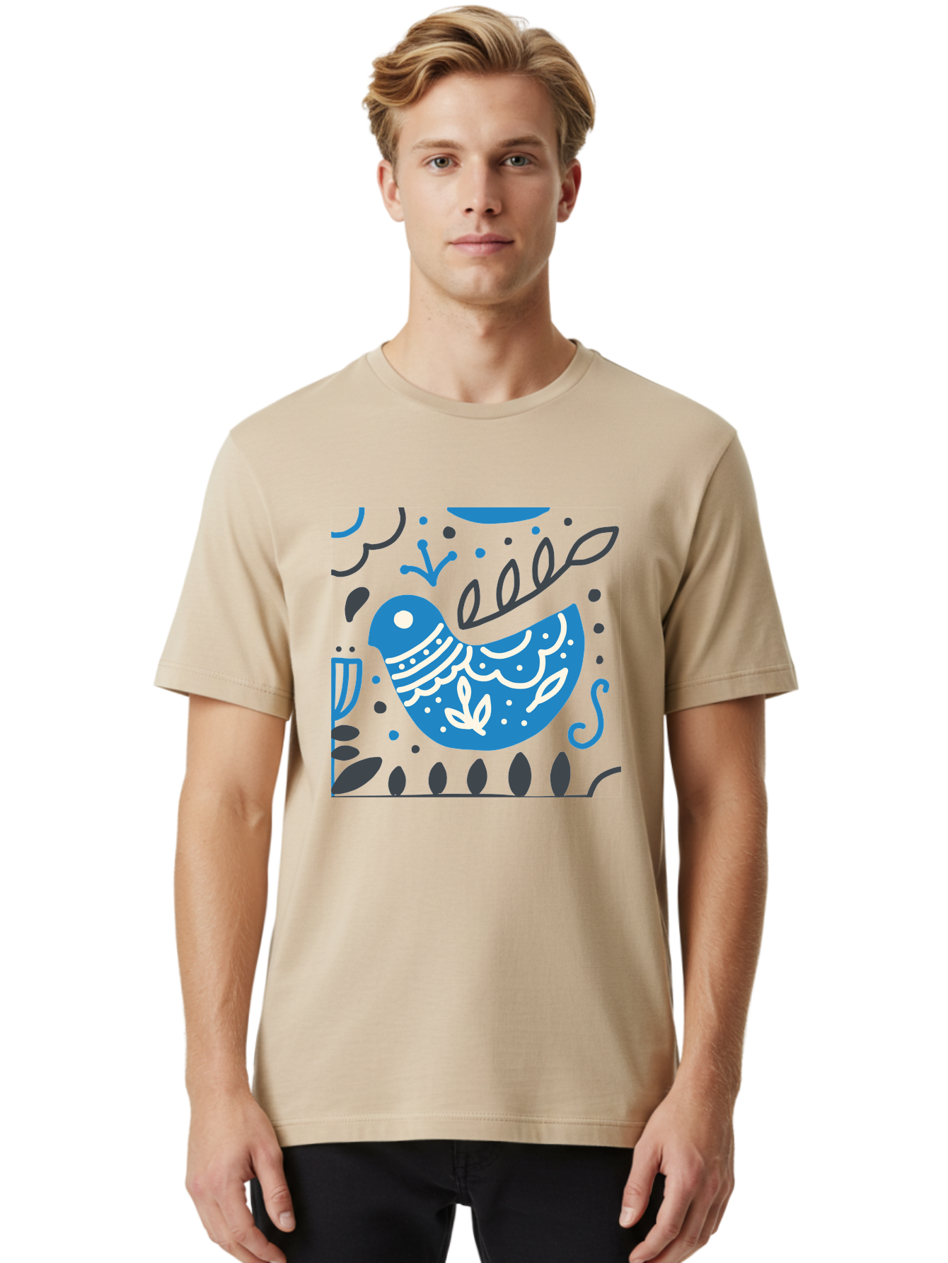 Blue-Bird Men'S Graphic Tee, 100% Cotton, Comfortable Casual Summer Wear, Machine Washable, Blue Bird, Floral Patterns, Whimsical Design, Abstract Shapes, Leaves, Dots, Artistic Expression, Creative Illustration, Modern Art, Bird Silhouette Aab665 16