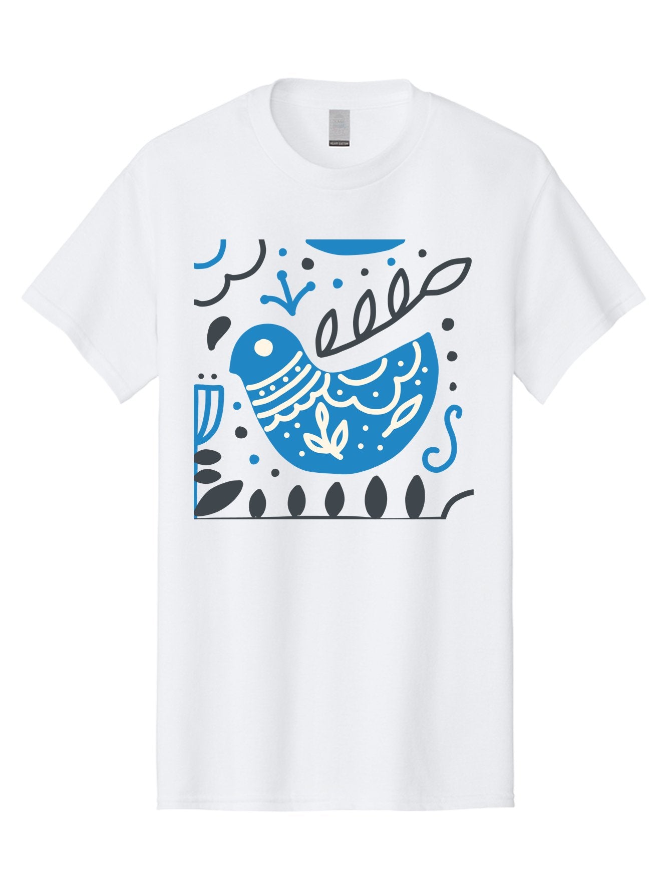 Blue-Bird Men'S Graphic Tee, 100% Cotton, Comfortable Casual Summer Wear, Machine Washable, Blue Bird, Floral Patterns, Whimsical Design, Abstract Shapes, Leaves, Dots, Artistic Expression, Creative Illustration, Modern Art, Bird Silhouette Aab665