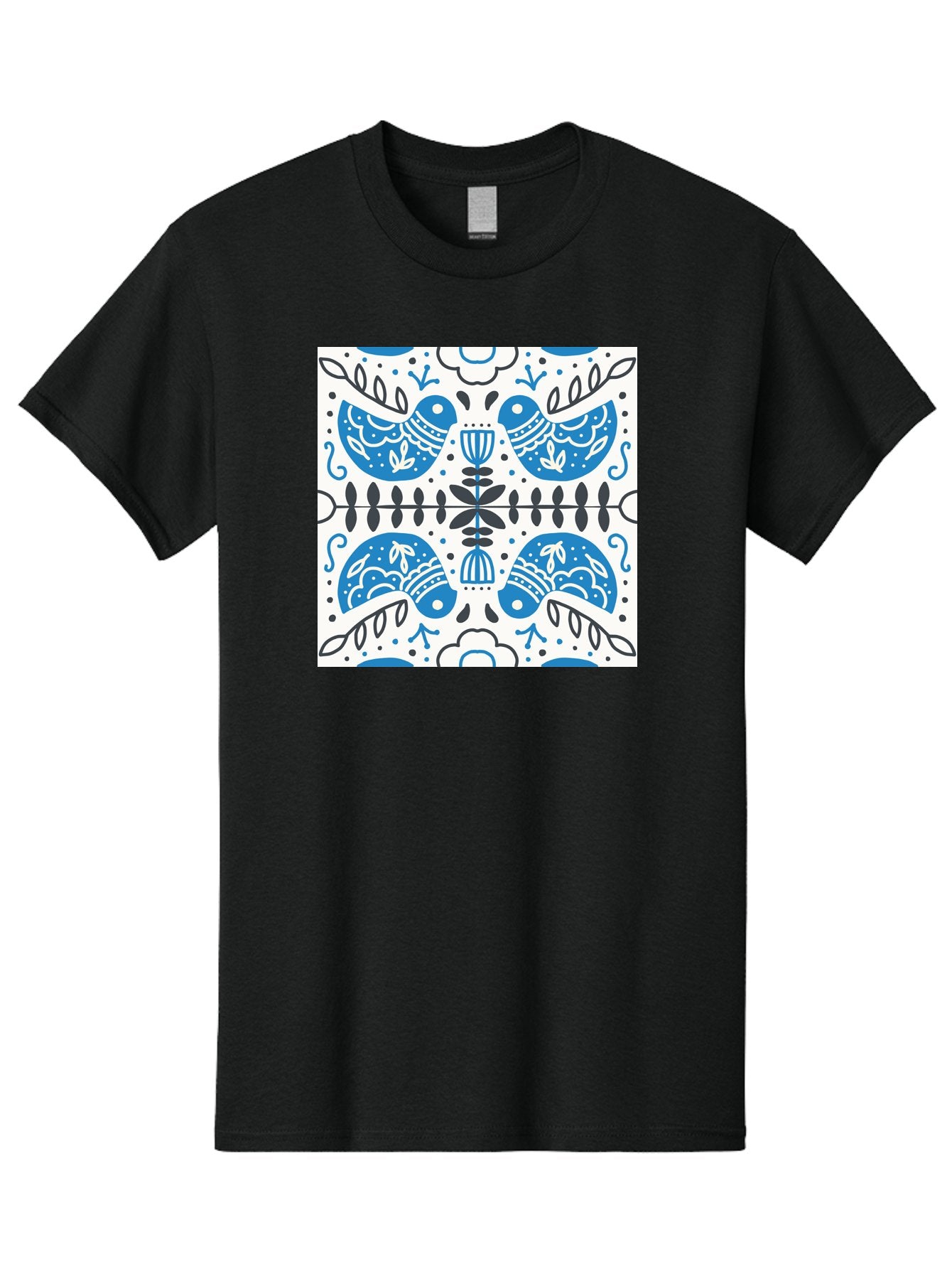 Blue-Birds-Pattern Men'S Graphic Tee, 100% Cotton, Comfortable Casual Summer Wear, Machine Washable, Symmetrical Pattern, Blue Birds, White And Black Accents, Floral Motifs, Traditional Folk Art, Ornate Details, Vintage Design, Aab666