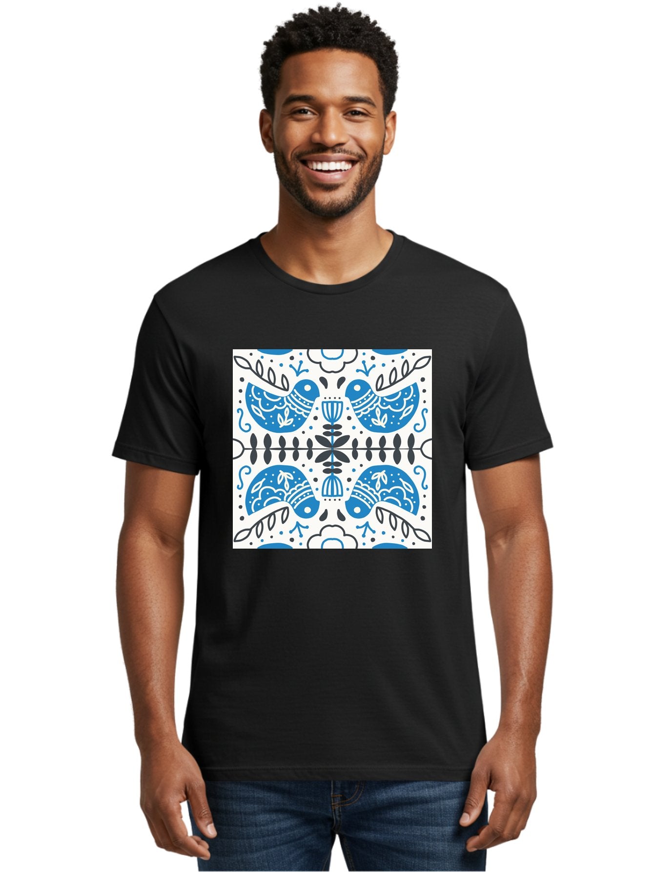 Blue-Birds-Pattern Men'S Graphic Tee, 100% Cotton, Comfortable Casual Summer Wear, Machine Washable, Symmetrical Pattern, Blue Birds, White And Black Accents, Floral Motifs, Traditional Folk Art, Ornate Details, Vintage Design, Aab666 19