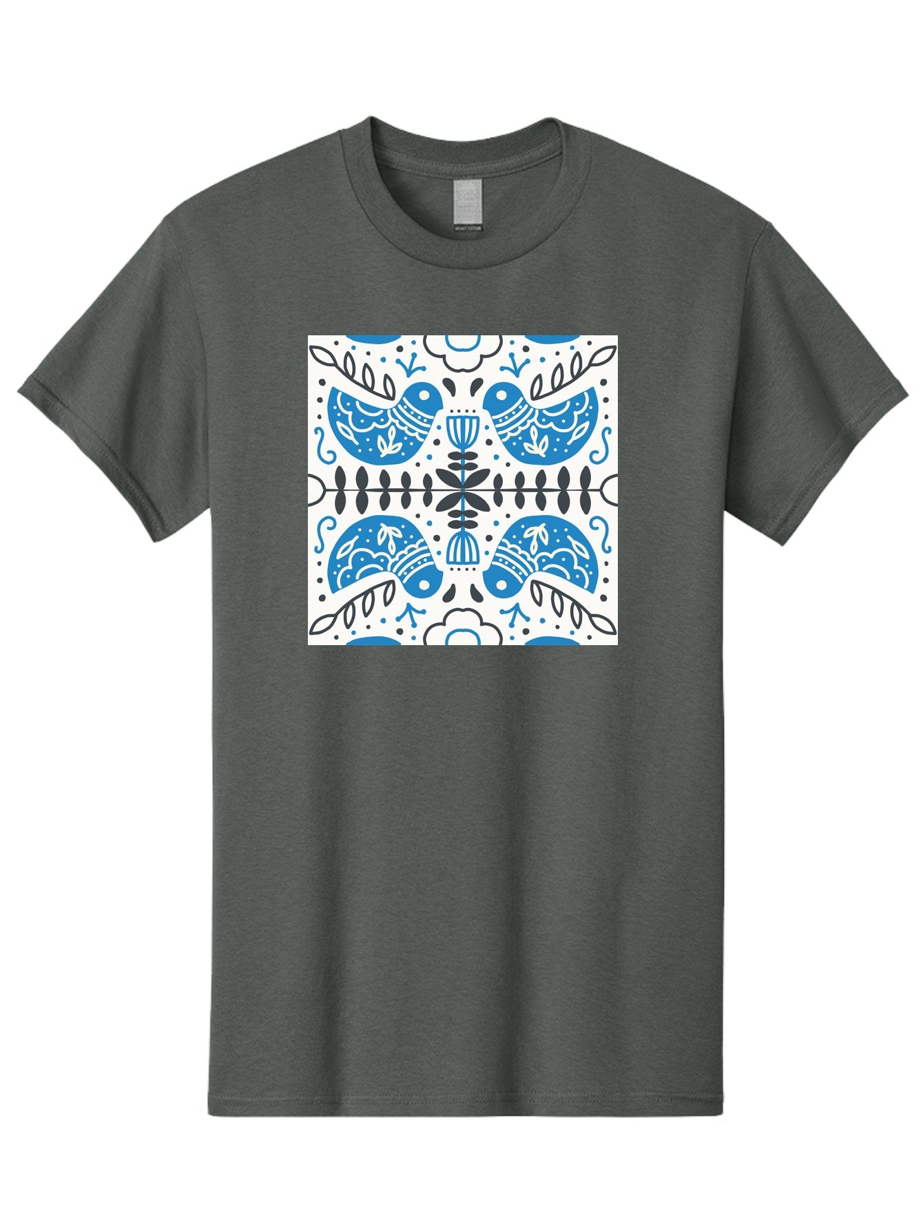 Blue-Birds-Pattern Men'S Graphic Tee, 100% Cotton, Comfortable Casual Summer Wear, Machine Washable, Symmetrical Pattern, Blue Birds, White And Black Accents, Floral Motifs, Traditional Folk Art, Ornate Details, Vintage Design, Aab666 8