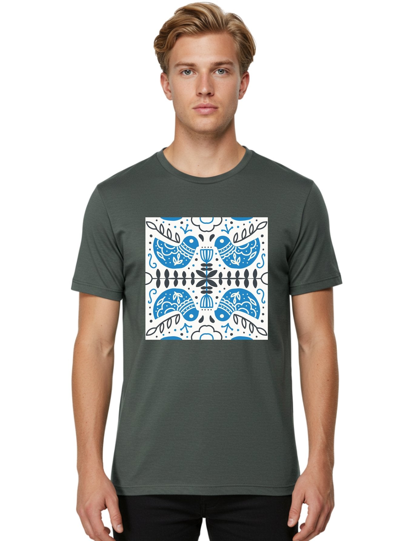 Blue-Birds-Pattern Men'S Graphic Tee, 100% Cotton, Comfortable Casual Summer Wear, Machine Washable, Symmetrical Pattern, Blue Birds, White And Black Accents, Floral Motifs, Traditional Folk Art, Ornate Details, Vintage Design, Aab666 25