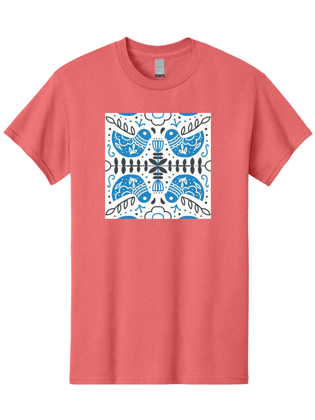 Blue-Birds-Pattern Men'S Graphic Tee, 100% Cotton, Comfortable Casual Summer Wear, Machine Washable, Symmetrical Pattern, Blue Birds, White And Black Accents, Floral Motifs, Traditional Folk Art, Ornate Details, Vintage Design, Aab666 5