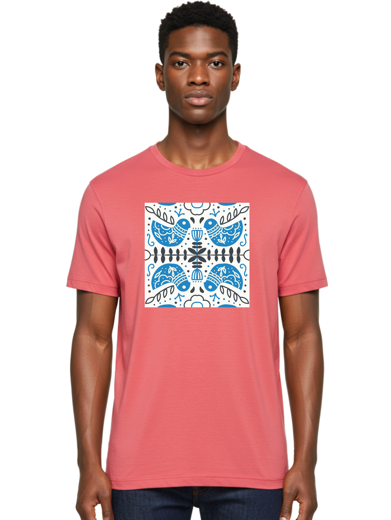 Blue-Birds-Pattern Men'S Graphic Tee, 100% Cotton, Comfortable Casual Summer Wear, Machine Washable, Symmetrical Pattern, Blue Birds, White And Black Accents, Floral Motifs, Traditional Folk Art, Ornate Details, Vintage Design, Aab666 6