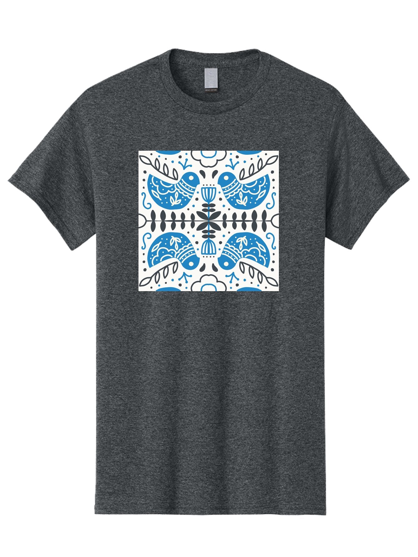 Blue-Birds-Pattern Men'S Graphic Tee, 100% Cotton, Comfortable Casual Summer Wear, Machine Washable, Symmetrical Pattern, Blue Birds, White And Black Accents, Floral Motifs, Traditional Folk Art, Ornate Details, Vintage Design, Aab666 13