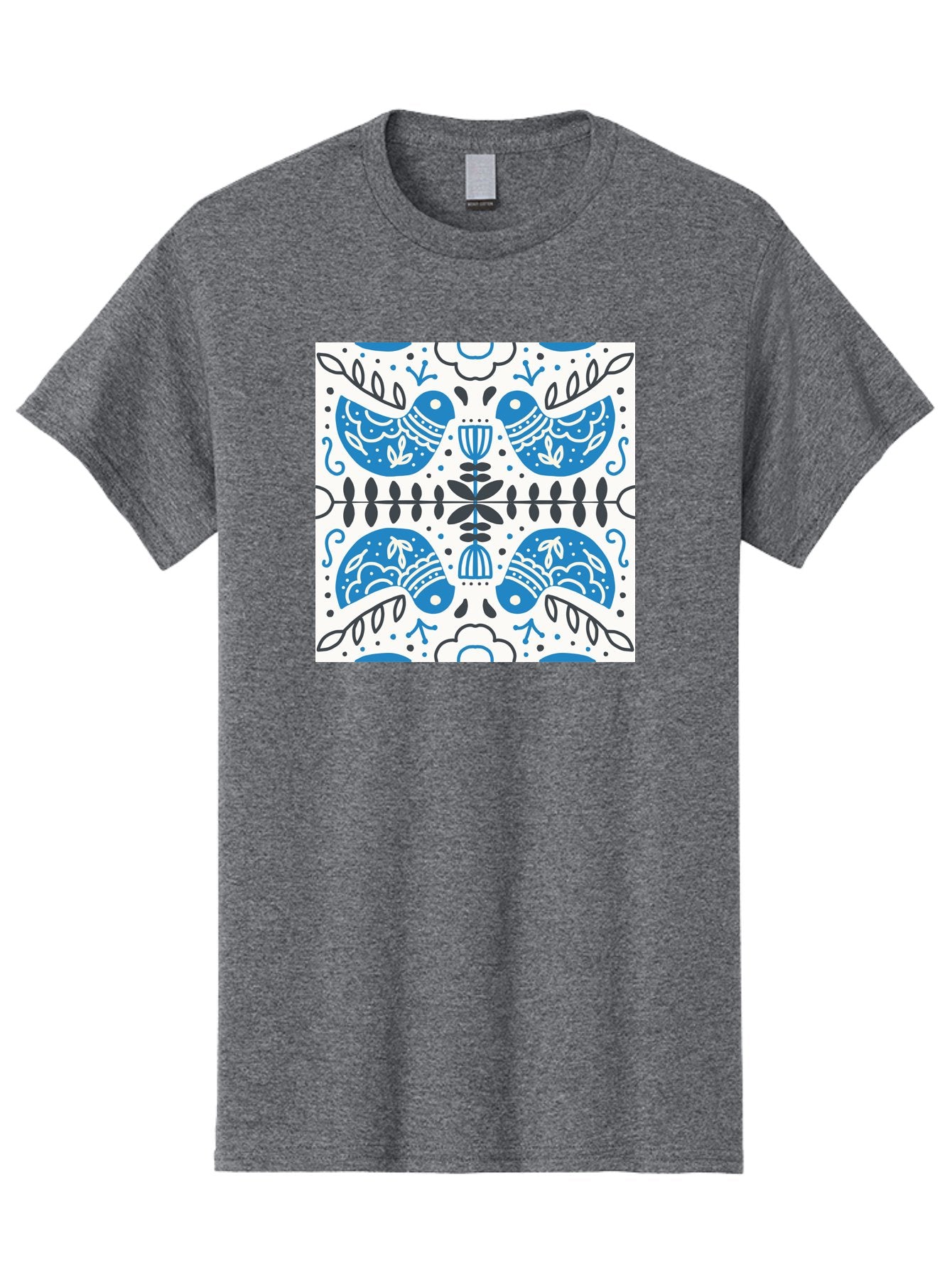 Blue-Birds-Pattern Men'S Graphic Tee, 100% Cotton, Comfortable Casual Summer Wear, Machine Washable, Symmetrical Pattern, Blue Birds, White And Black Accents, Floral Motifs, Traditional Folk Art, Ornate Details, Vintage Design, Aab666 11