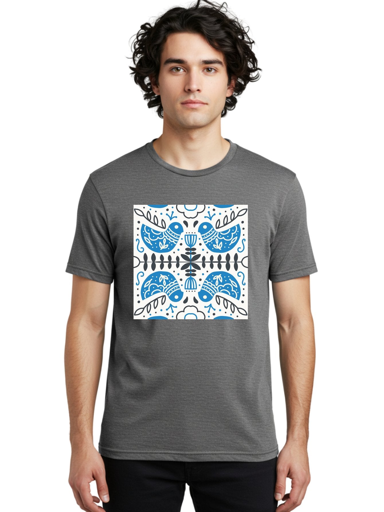 Blue-Birds-Pattern Men'S Graphic Tee, 100% Cotton, Comfortable Casual Summer Wear, Machine Washable, Symmetrical Pattern, Blue Birds, White And Black Accents, Floral Motifs, Traditional Folk Art, Ornate Details, Vintage Design, Aab666 27
