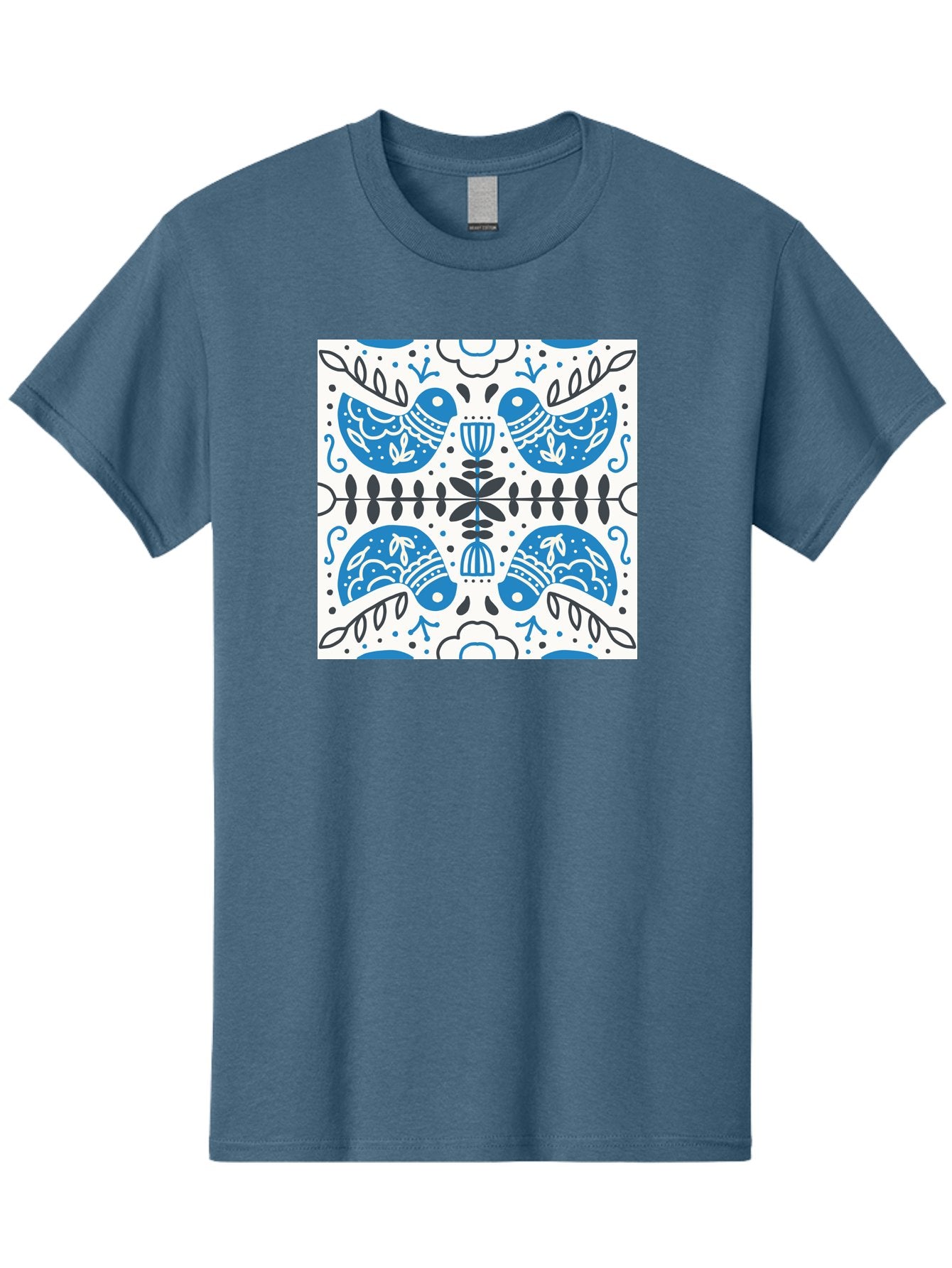 Blue-Birds-Pattern Men'S Graphic Tee, 100% Cotton, Comfortable Casual Summer Wear, Machine Washable, Symmetrical Pattern, Blue Birds, White And Black Accents, Floral Motifs, Traditional Folk Art, Ornate Details, Vintage Design, Aab666 6