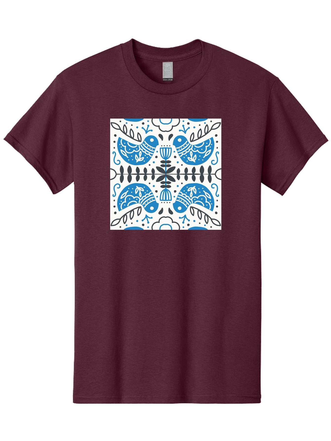 Blue-Birds-Pattern Men'S Graphic Tee, 100% Cotton, Comfortable Casual Summer Wear, Machine Washable, Symmetrical Pattern, Blue Birds, White And Black Accents, Floral Motifs, Traditional Folk Art, Ornate Details, Vintage Design, Aab666 5