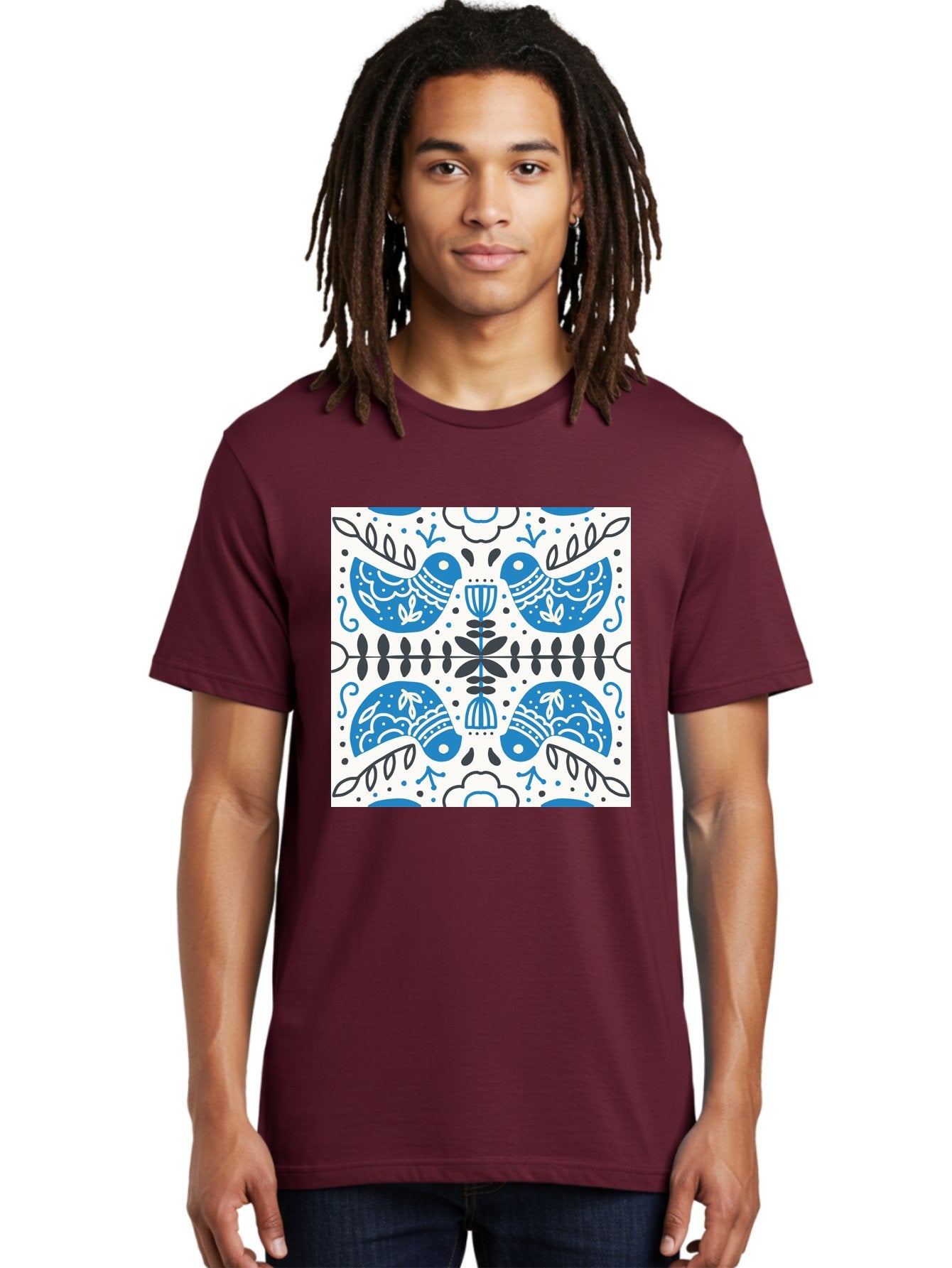 Blue-Birds-Pattern Men'S Graphic Tee, 100% Cotton, Comfortable Casual Summer Wear, Machine Washable, Symmetrical Pattern, Blue Birds, White And Black Accents, Floral Motifs, Traditional Folk Art, Ornate Details, Vintage Design, Aab666 23