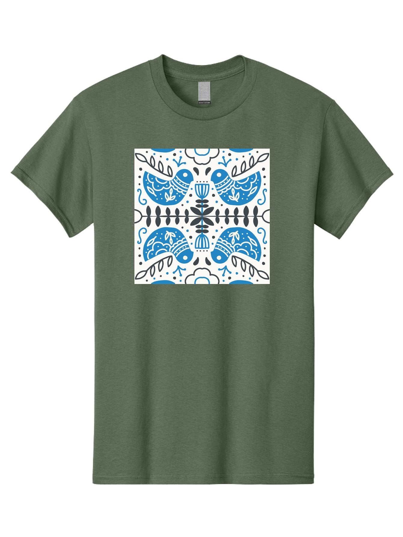 Blue-Birds-Pattern Men'S Graphic Tee, 100% Cotton, Comfortable Casual Summer Wear, Machine Washable, Symmetrical Pattern, Blue Birds, White And Black Accents, Floral Motifs, Traditional Folk Art, Ornate Details, Vintage Design, Aab666