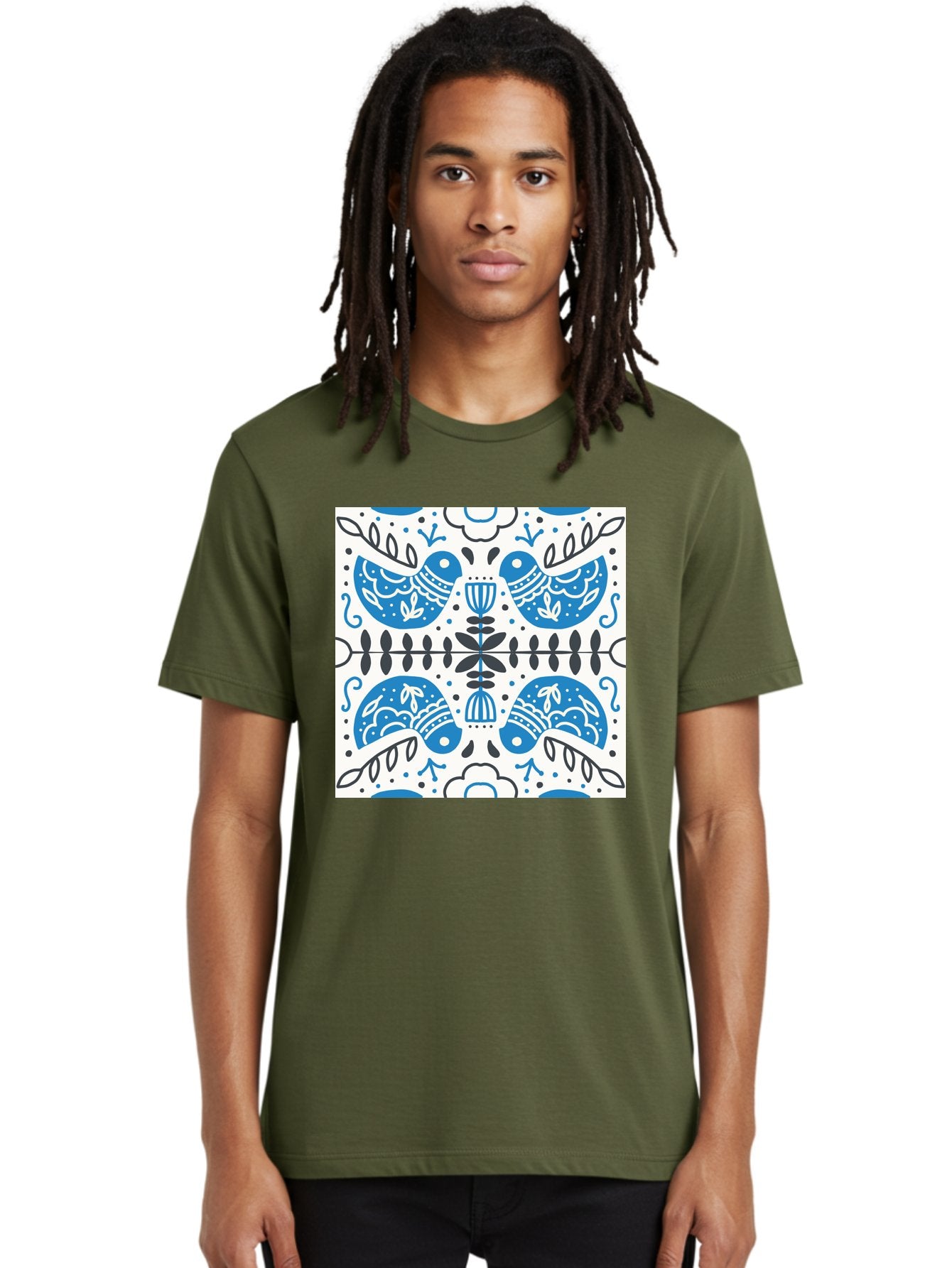 Blue-Birds-Pattern Men'S Graphic Tee, 100% Cotton, Comfortable Casual Summer Wear, Machine Washable, Symmetrical Pattern, Blue Birds, White And Black Accents, Floral Motifs, Traditional Folk Art, Ornate Details, Vintage Design, Aab666 21