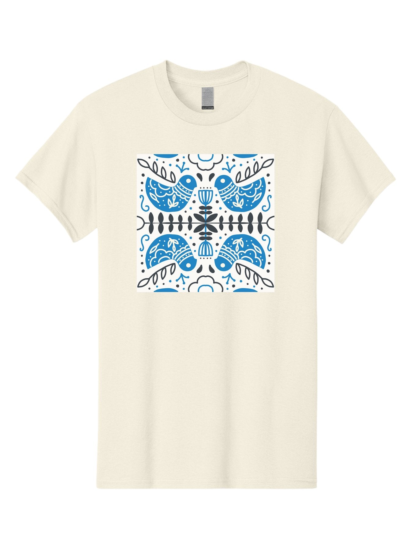 Blue-Birds-Pattern Men'S Graphic Tee, 100% Cotton, Comfortable Casual Summer Wear, Machine Washable, Symmetrical Pattern, Blue Birds, White And Black Accents, Floral Motifs, Traditional Folk Art, Ornate Details, Vintage Design, Aab666 15