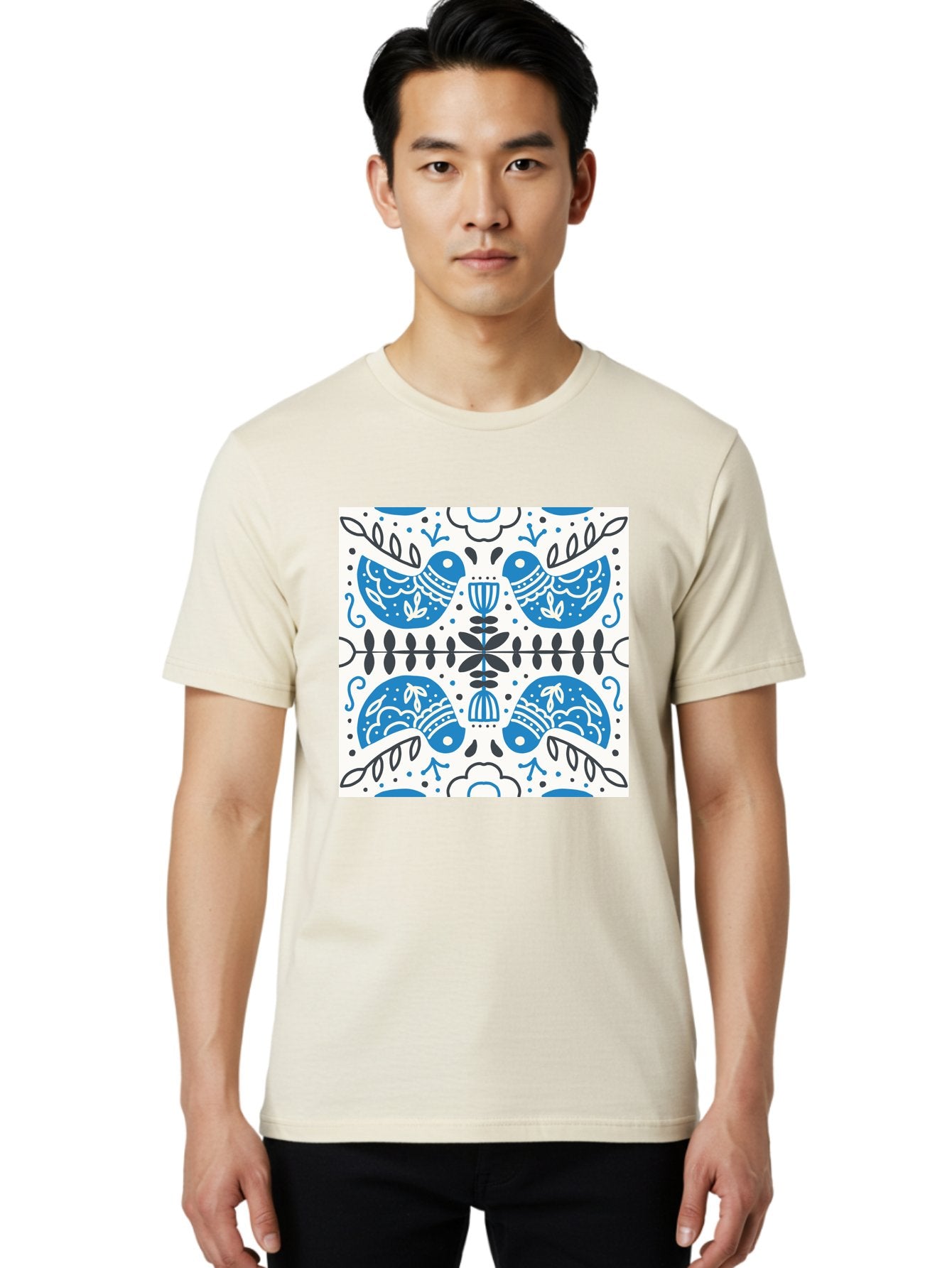 Blue-Birds-Pattern Men'S Graphic Tee, 100% Cotton, Comfortable Casual Summer Wear, Machine Washable, Symmetrical Pattern, Blue Birds, White And Black Accents, Floral Motifs, Traditional Folk Art, Ornate Details, Vintage Design, Aab666 30