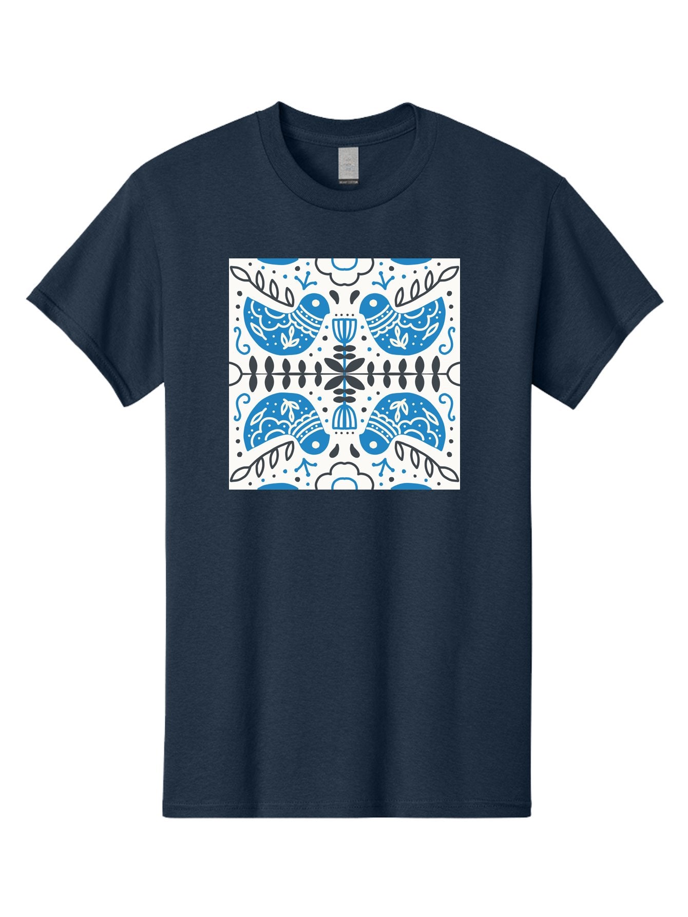 Blue-Birds-Pattern Men'S Graphic Tee, 100% Cotton, Comfortable Casual Summer Wear, Machine Washable, Symmetrical Pattern, Blue Birds, White And Black Accents, Floral Motifs, Traditional Folk Art, Ornate Details, Vintage Design, Aab666 3