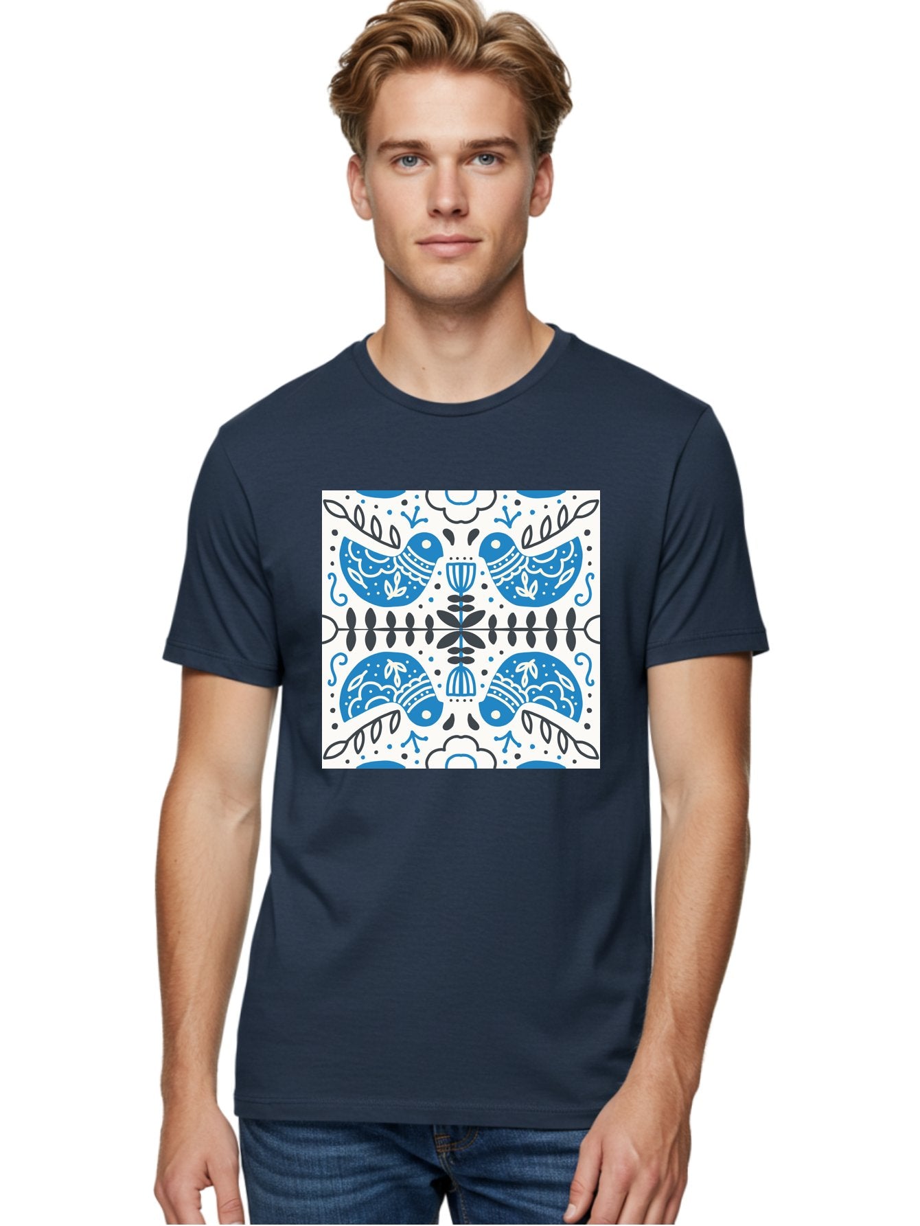 Blue-Birds-Pattern Men'S Graphic Tee, 100% Cotton, Comfortable Casual Summer Wear, Machine Washable, Symmetrical Pattern, Blue Birds, White And Black Accents, Floral Motifs, Traditional Folk Art, Ornate Details, Vintage Design, Aab666 22