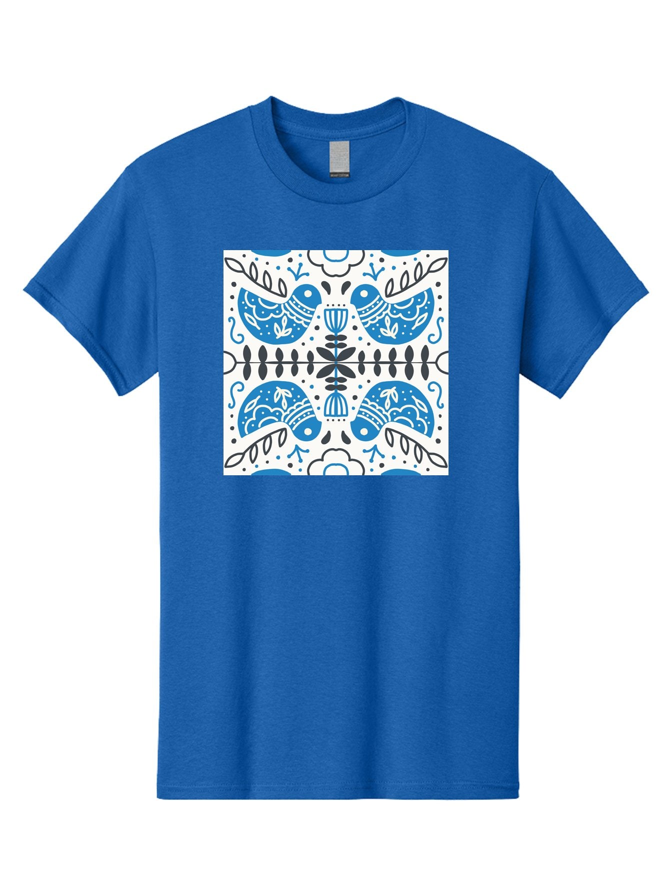 Blue-Birds-Pattern Men'S Graphic Tee, 100% Cotton, Comfortable Casual Summer Wear, Machine Washable, Symmetrical Pattern, Blue Birds, White And Black Accents, Floral Motifs, Traditional Folk Art, Ornate Details, Vintage Design, Aab666 10