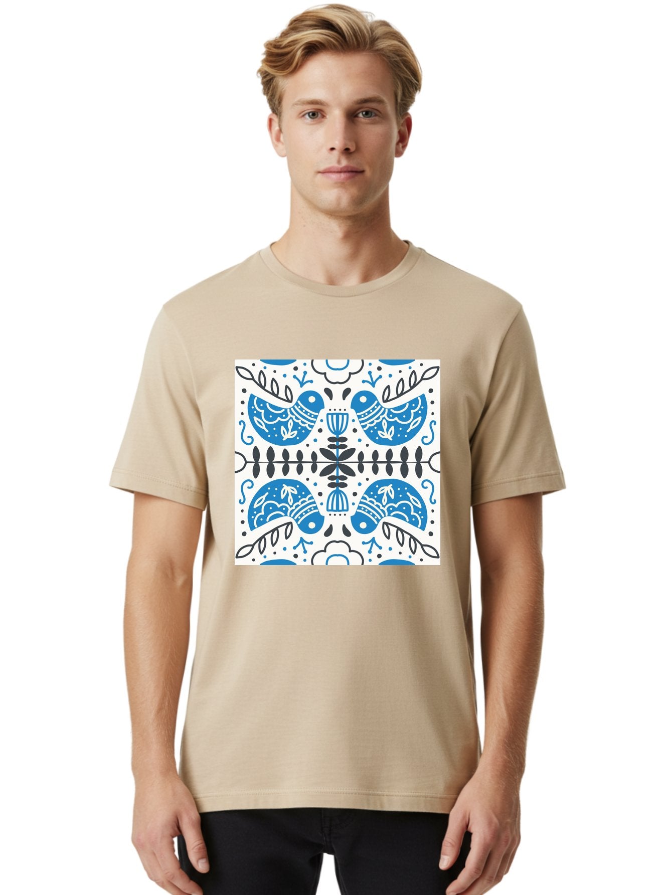 Blue-Birds-Pattern Men'S Graphic Tee, 100% Cotton, Comfortable Casual Summer Wear, Machine Washable, Symmetrical Pattern, Blue Birds, White And Black Accents, Floral Motifs, Traditional Folk Art, Ornate Details, Vintage Design, Aab666 26