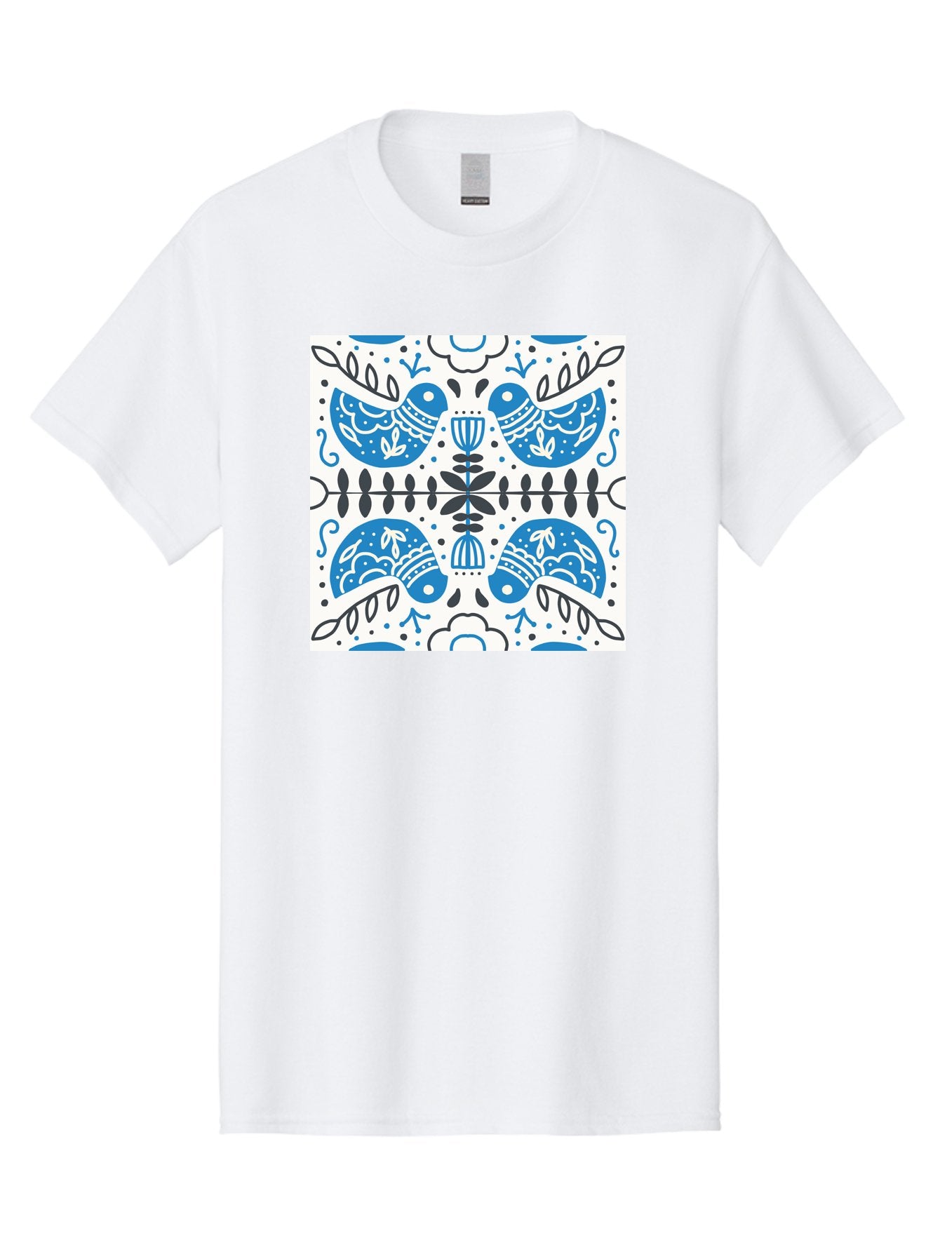 Blue-Birds-Pattern Men'S Graphic Tee, 100% Cotton, Comfortable Casual Summer Wear, Machine Washable, Symmetrical Pattern, Blue Birds, White And Black Accents, Floral Motifs, Traditional Folk Art, Ornate Details, Vintage Design, Aab666 14